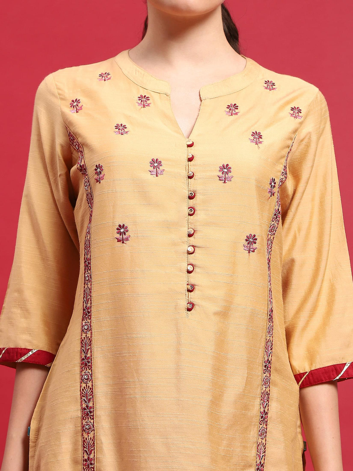 Indiessence Women Silk Blend Beige Embroidered Kurta With Trouser.