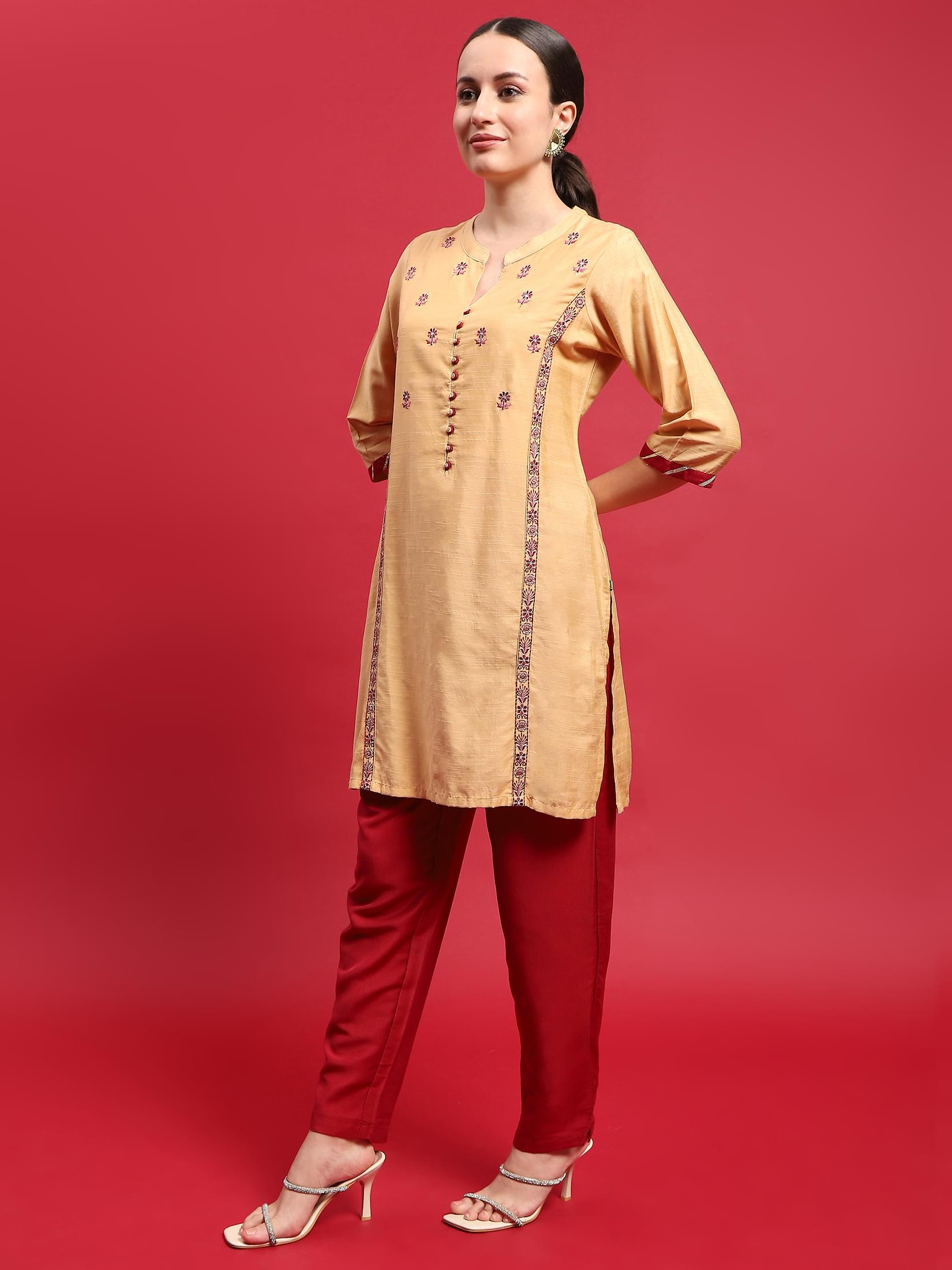 Indiessence Women Silk Blend Beige Embroidered Kurta With Trouser.