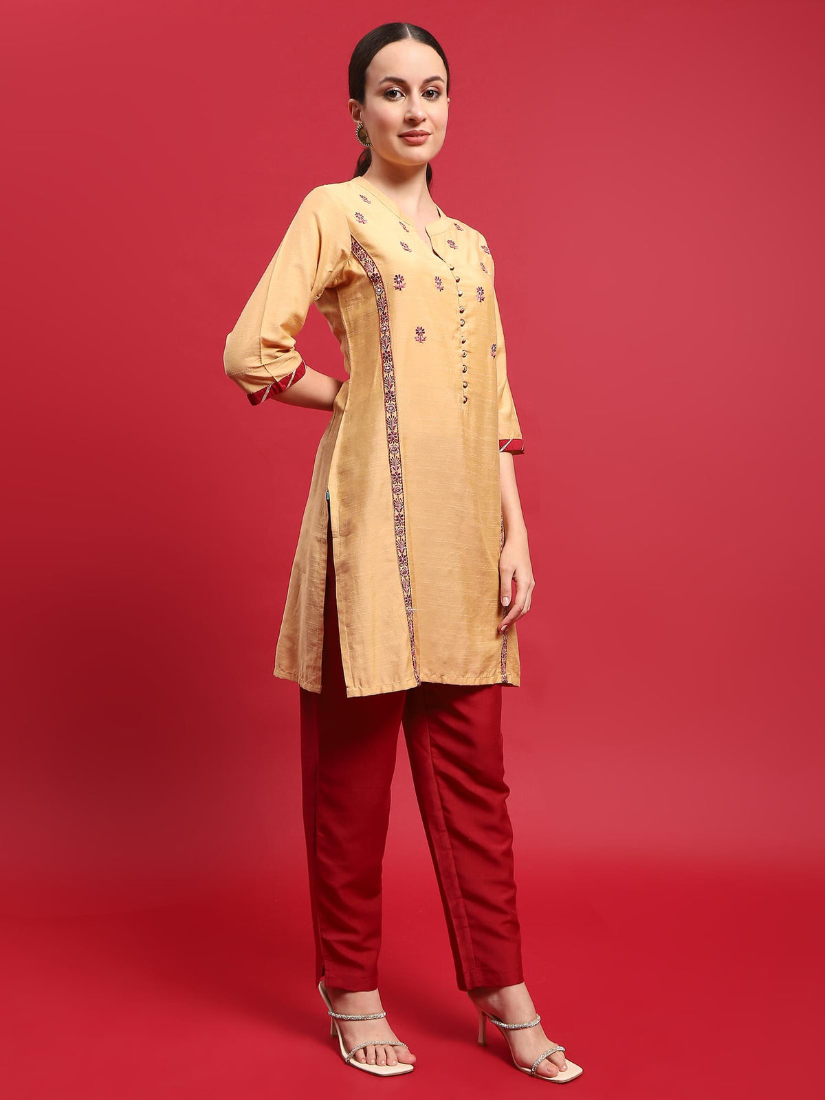 Indiessence Women Silk Blend Beige Embroidered Kurta With Trouser.