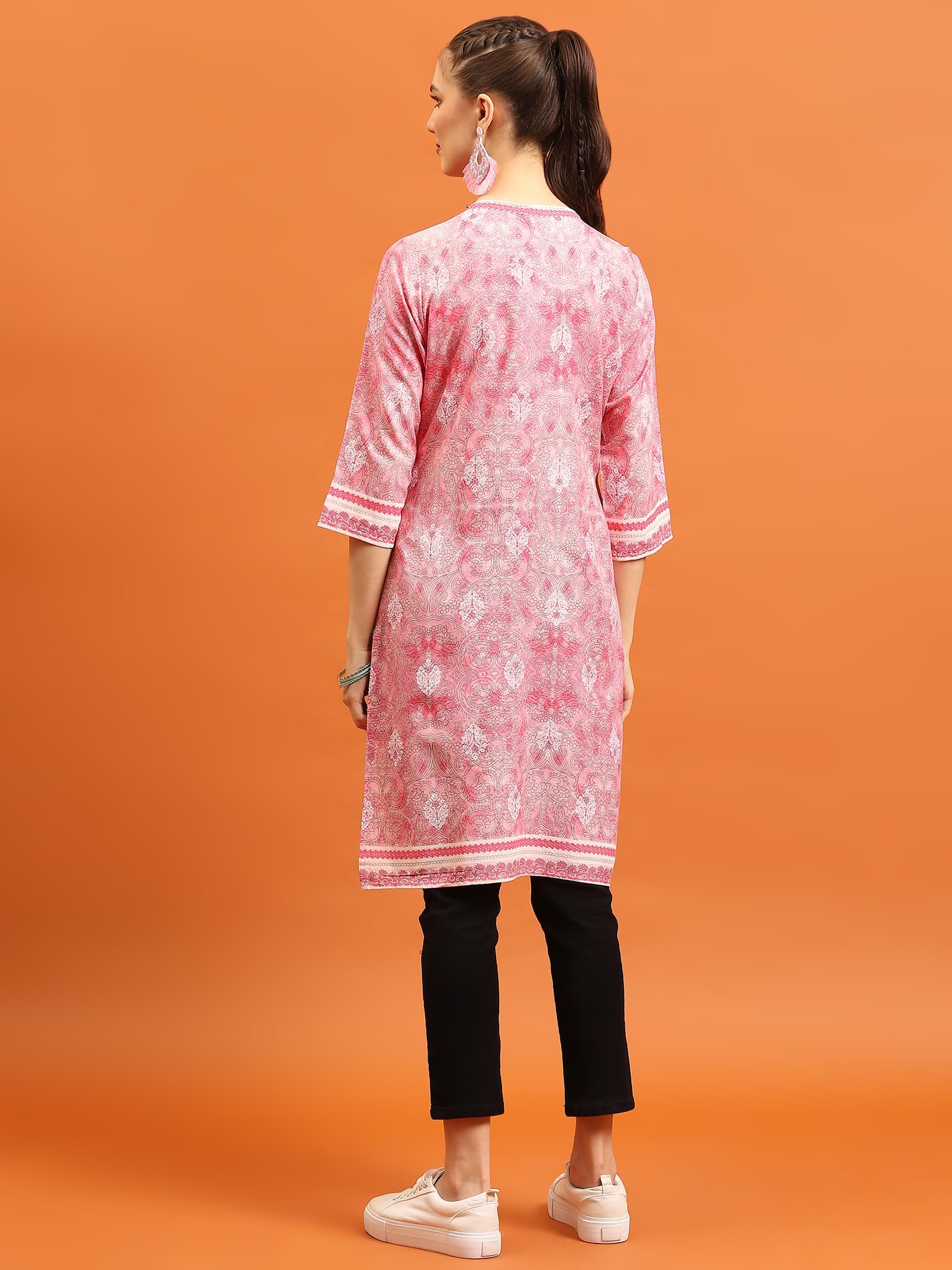 Women Pink Ornamental Printed Kurti.