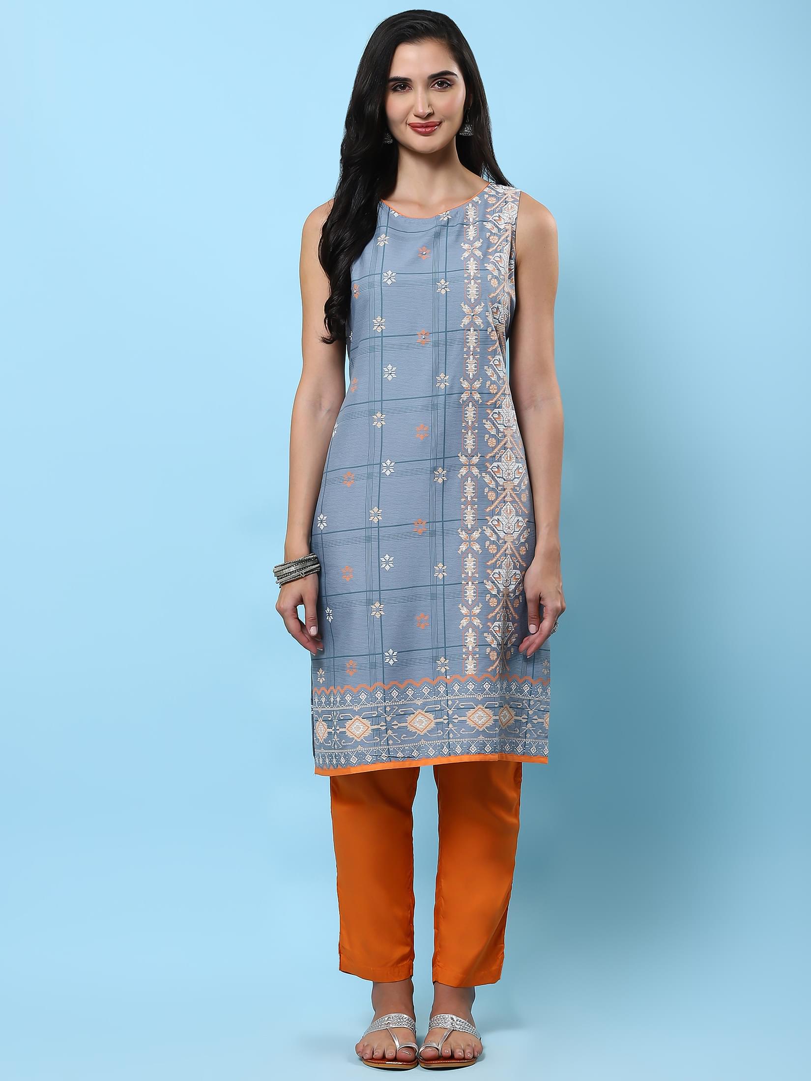 Women Grey Geometric Printed Kurta.