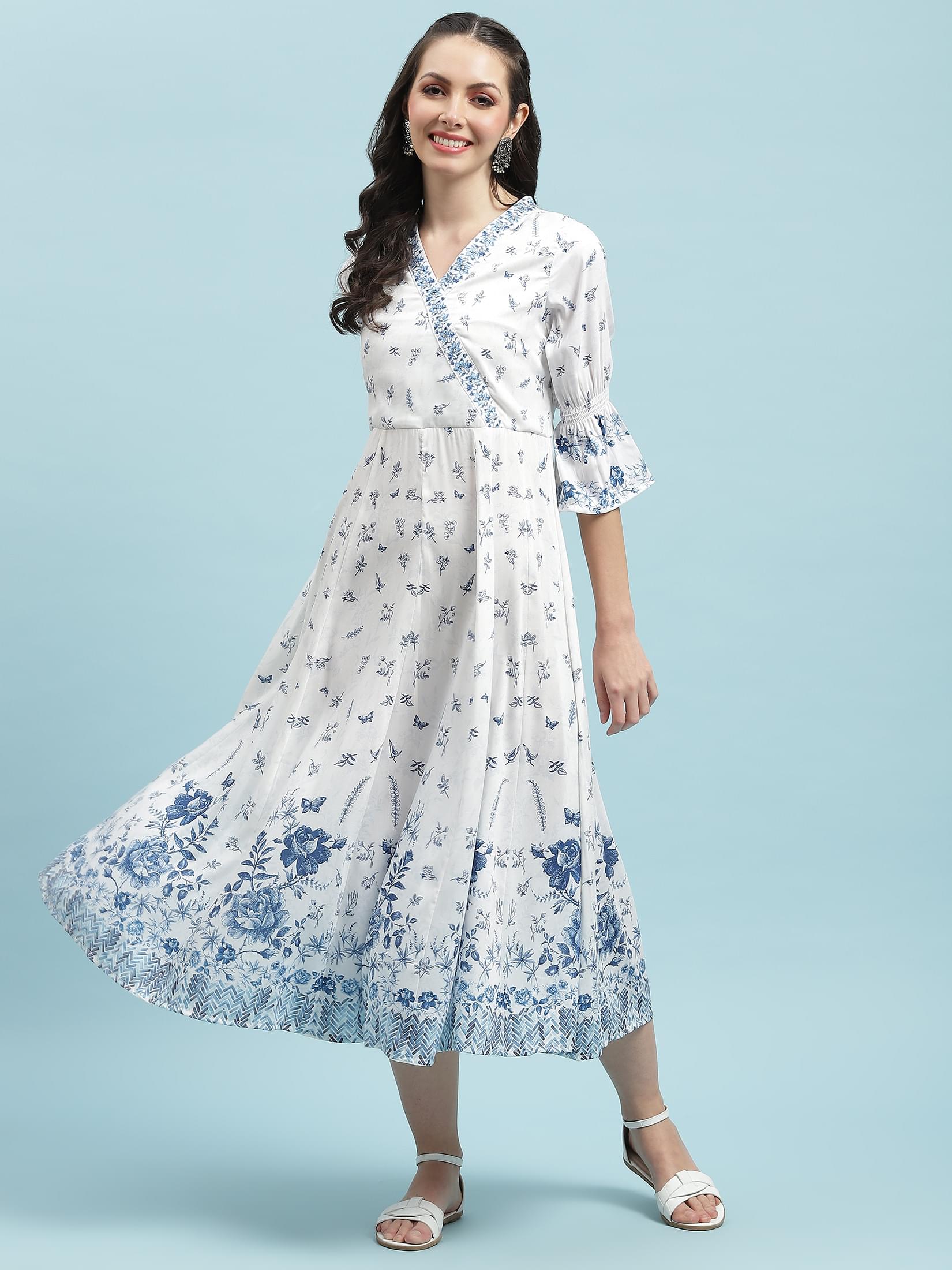 Women White Floral Printed Dress.
