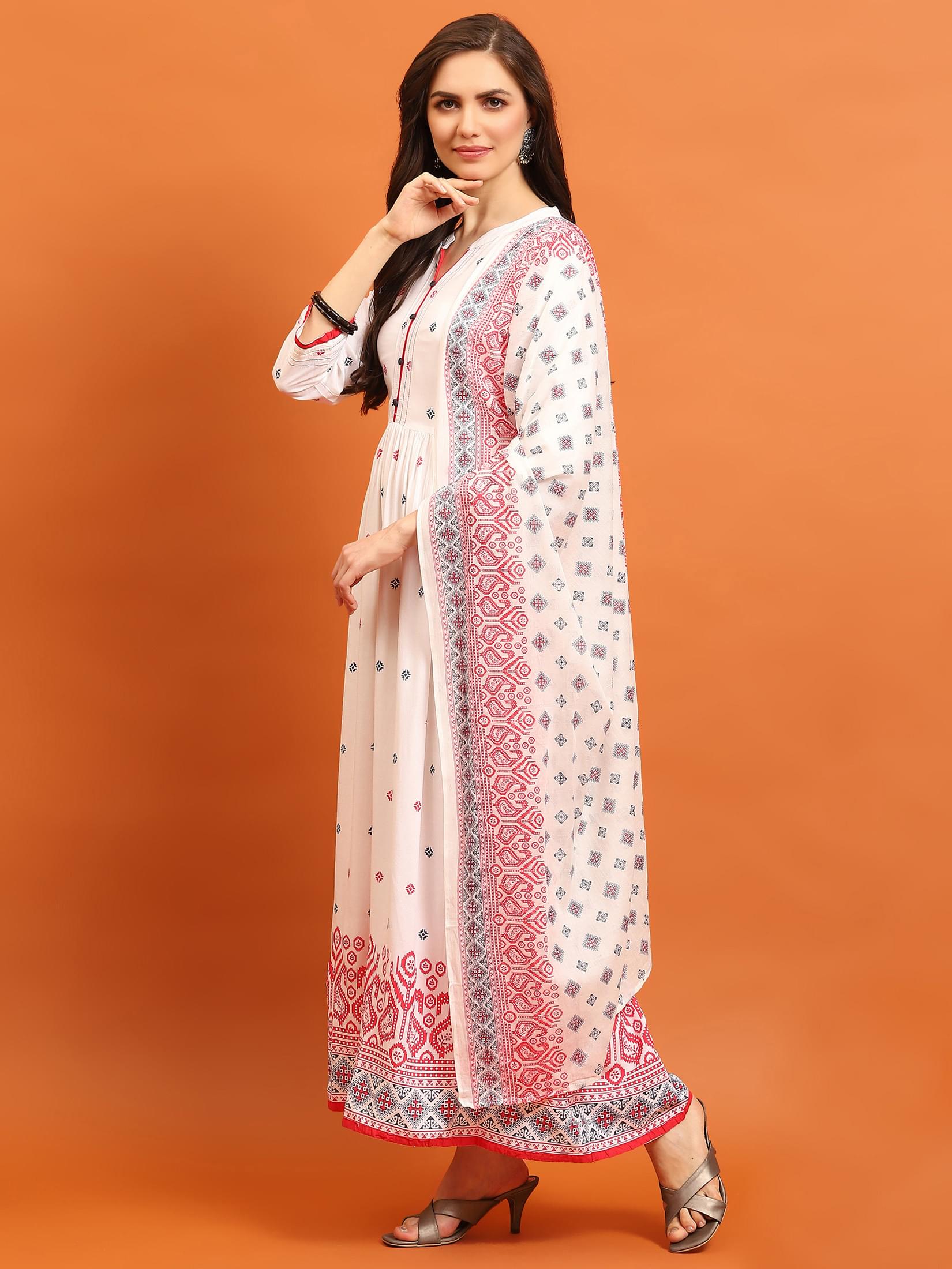 Women White Geometric Printed Dress With Dupatta.