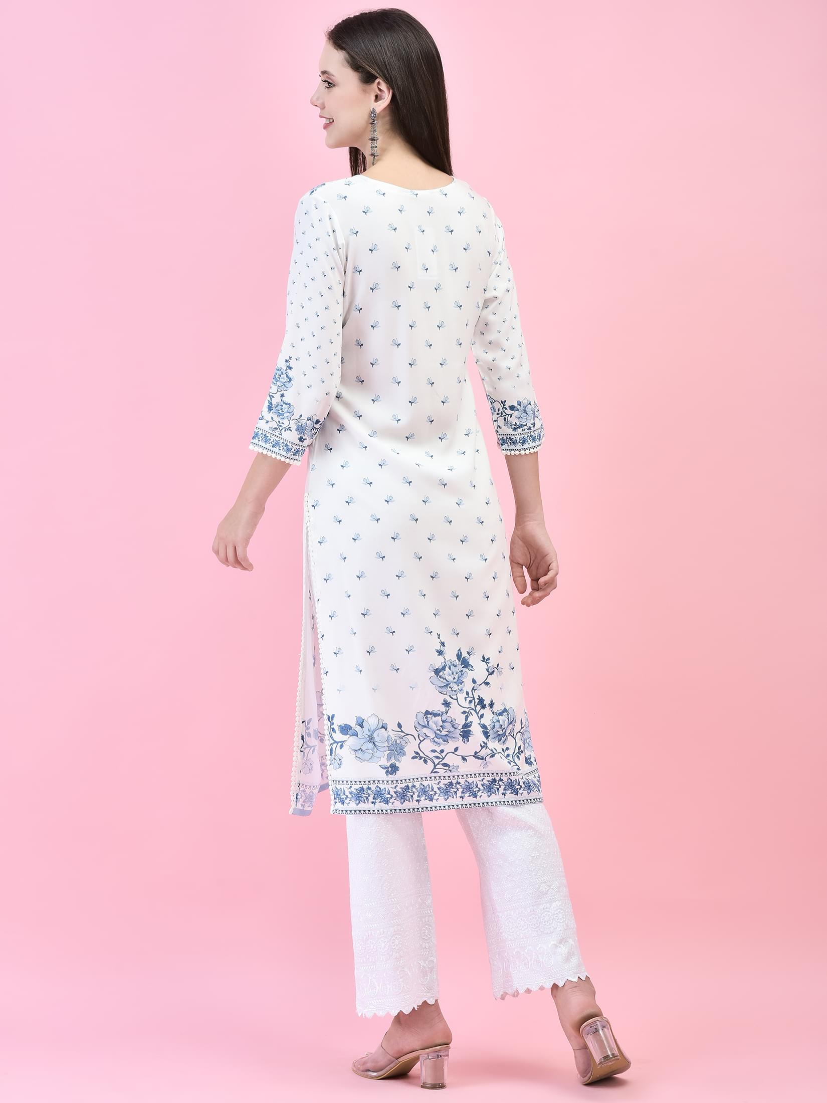 Women Liva (Rayon) White Floral Print Kurta.