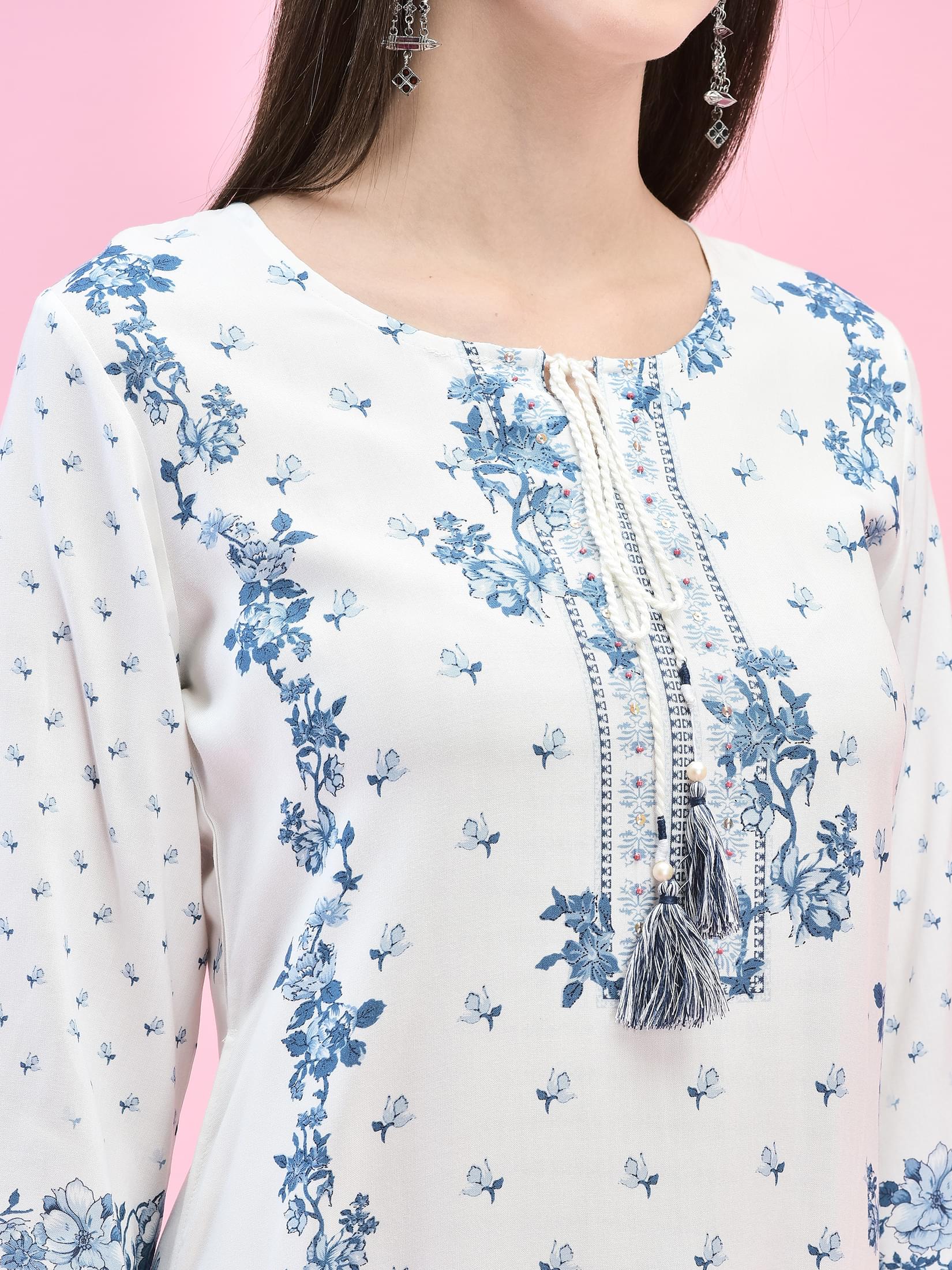 Women Liva (Rayon) White Floral Print Kurta.