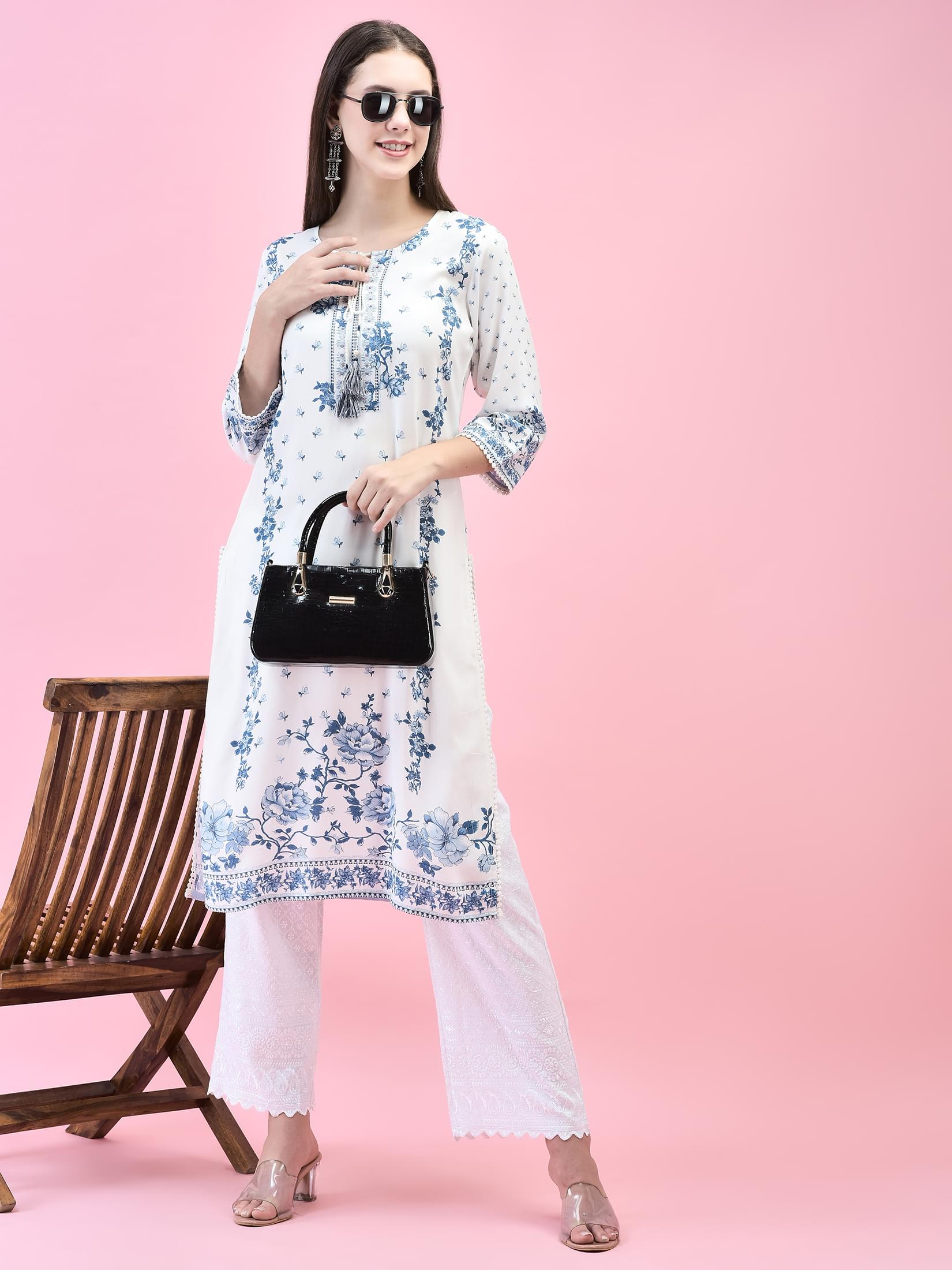 Women Liva (Rayon) White Floral Print Kurta.