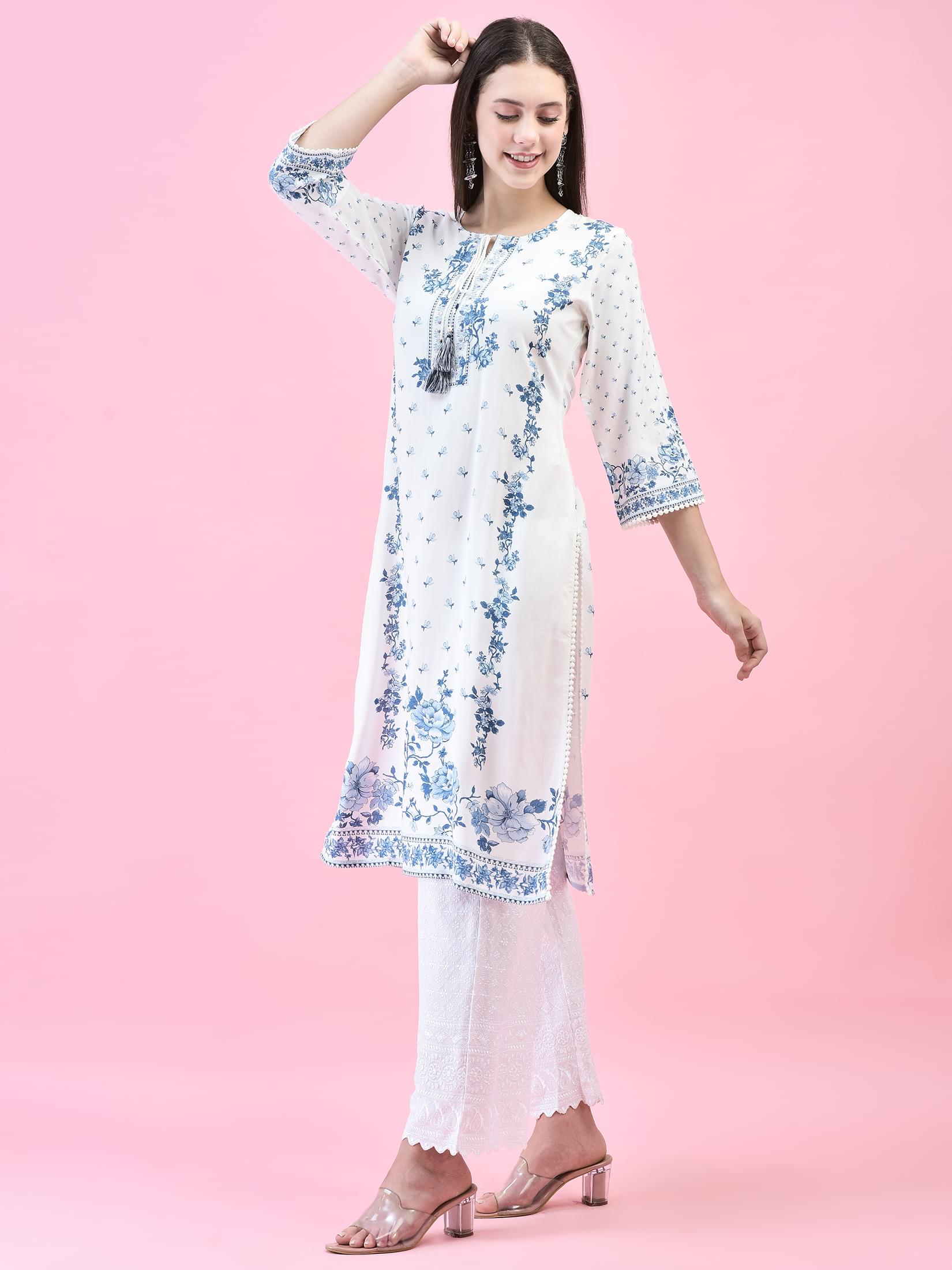 Women Liva (Rayon) White Floral Print Kurta.