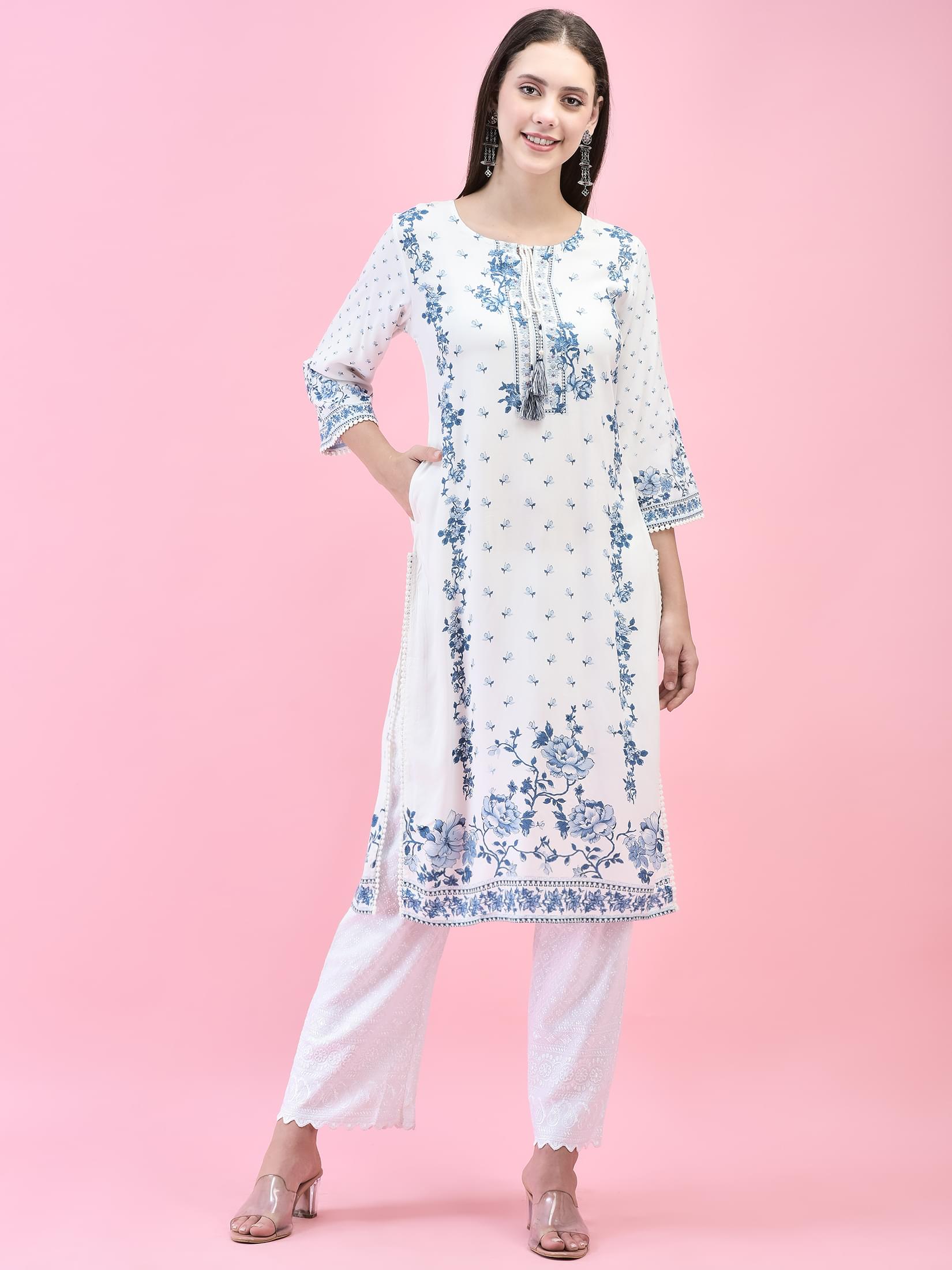 Women Liva (Rayon) White Floral Print Kurta.