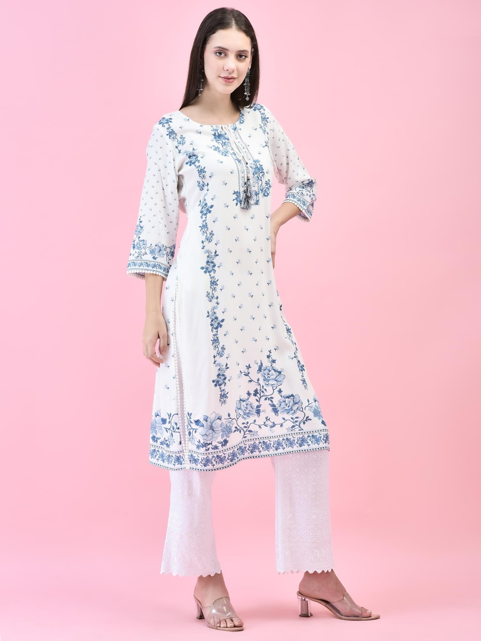 Women Liva (Rayon) White Floral Print Kurta.