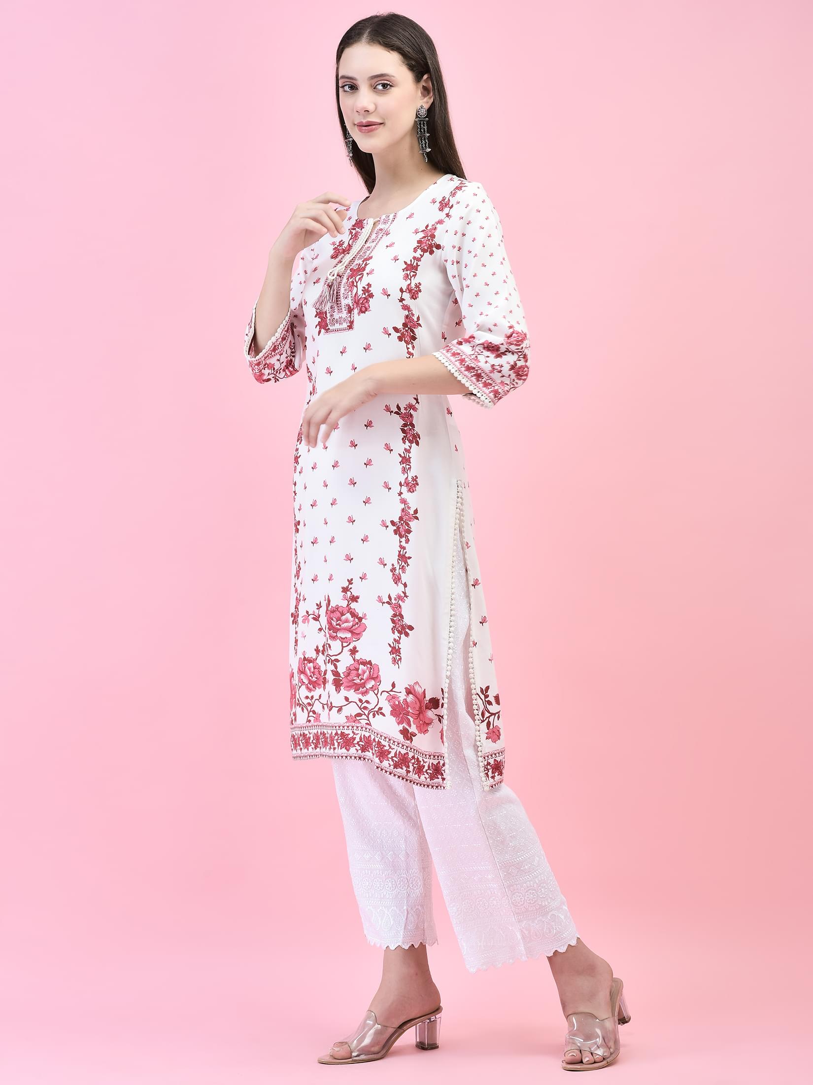 Women Liva (Rayon) Maroon Floral Print Kurta.