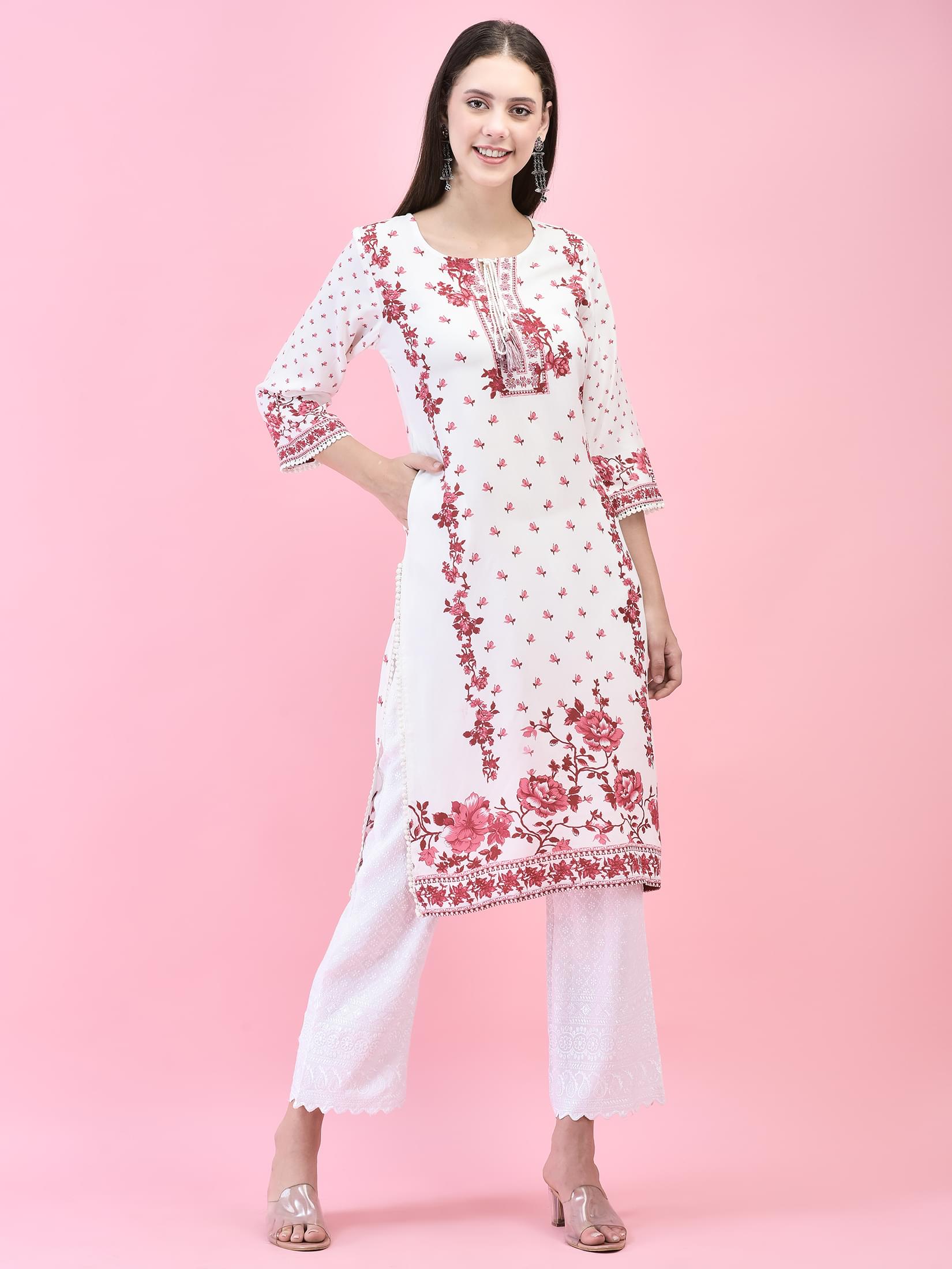 Women Liva (Rayon) Maroon Floral Print Kurta.