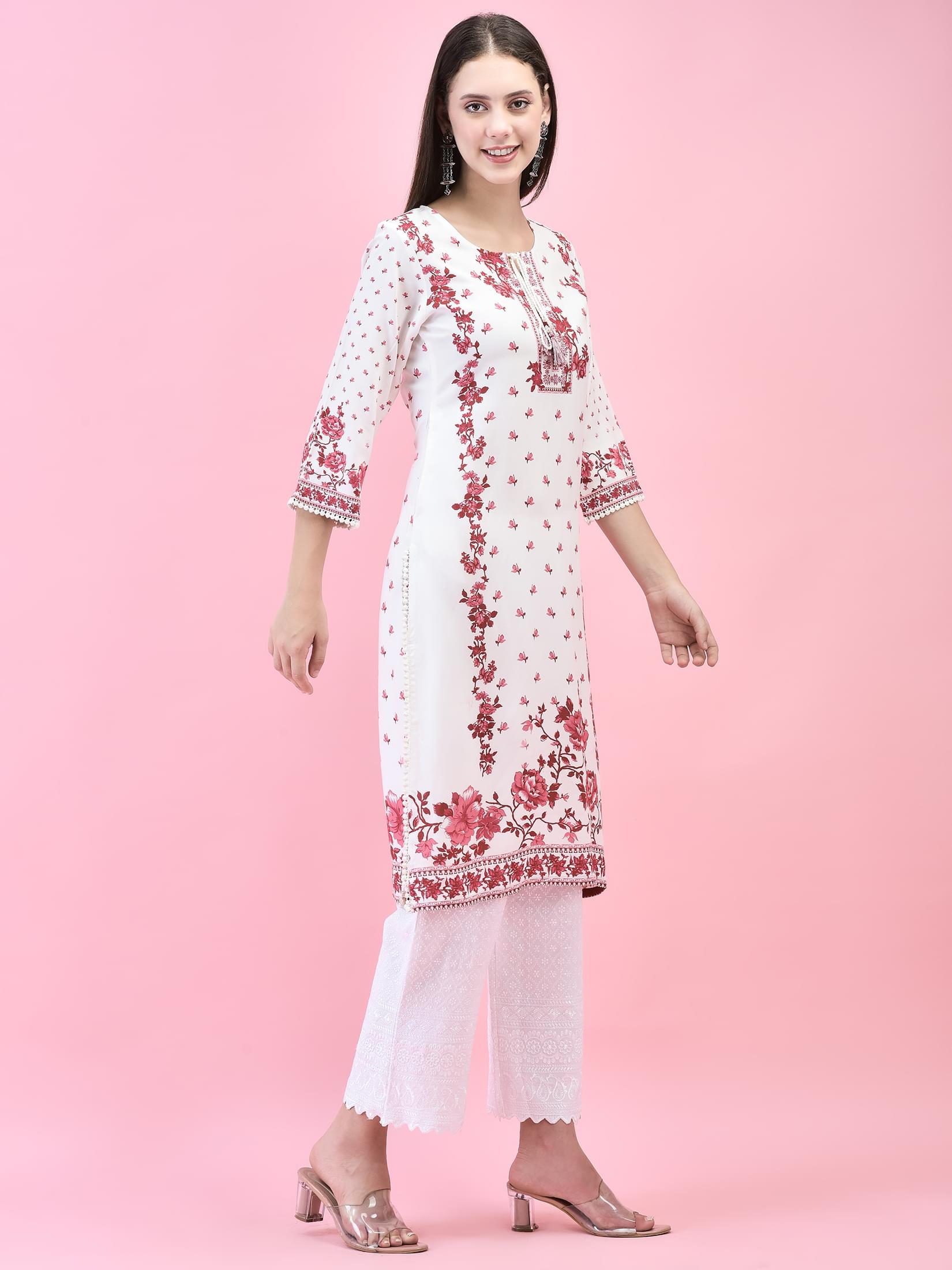 Women Liva (Rayon) Maroon Floral Print Kurta.