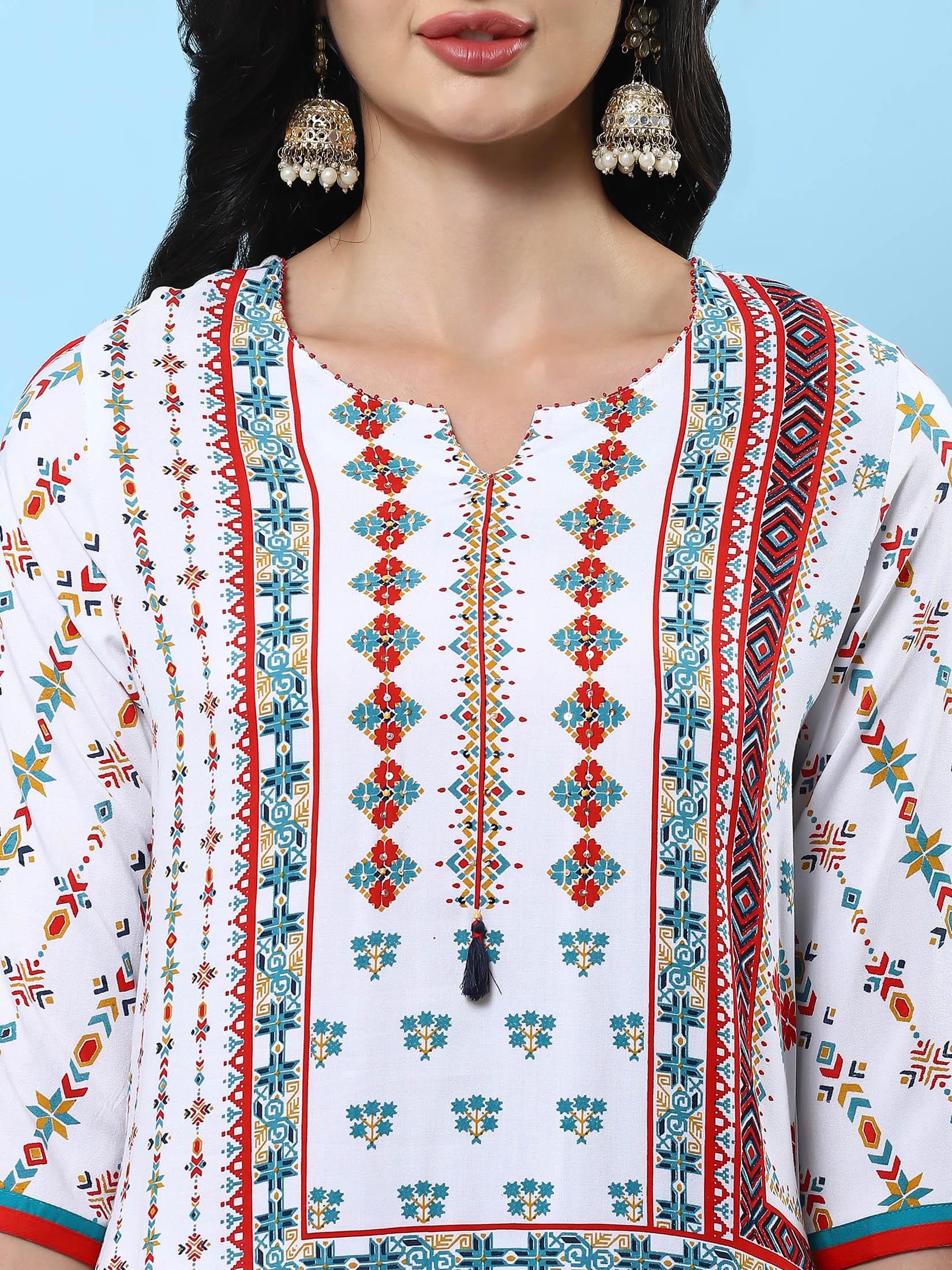 Women White Geometric Printed Kurta Comfort Pant Dupatta.