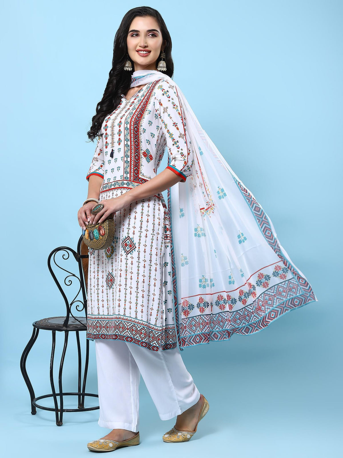 Women White Geometric Printed Kurta Comfort Pant Dupatta.