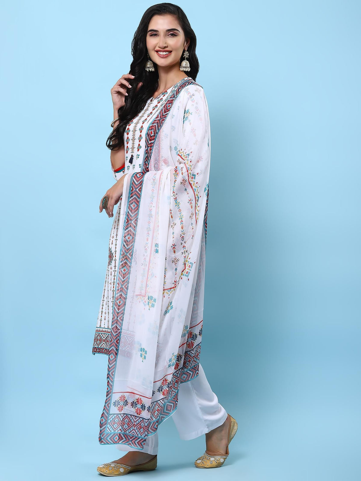 Women White Geometric Printed Kurta Comfort Pant Dupatta.