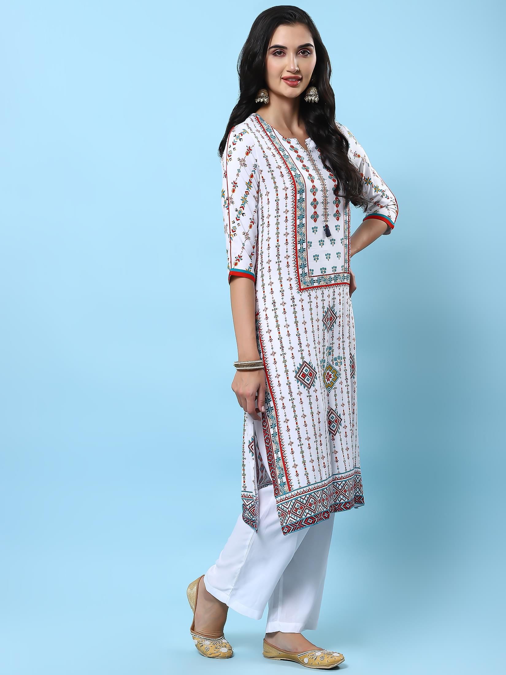 Women White Geometric Printed Kurta Comfort Pant Dupatta.