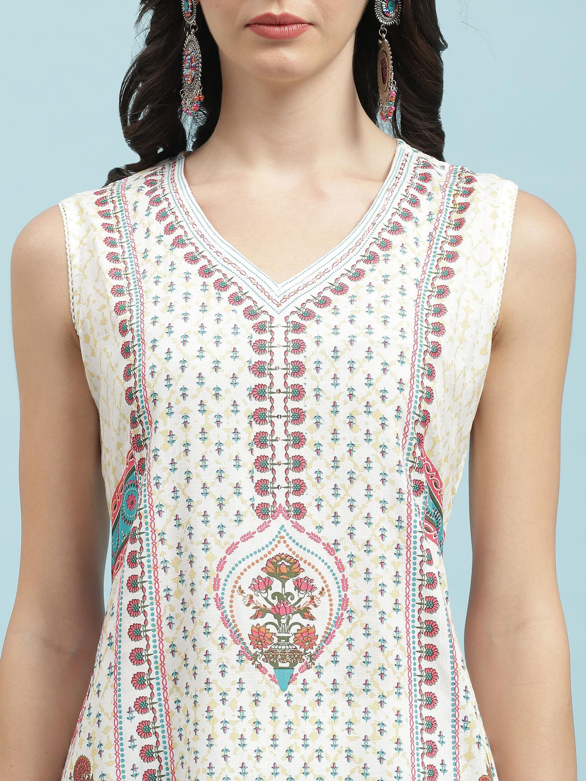 Women White Ornamental Printed Kurta Trouser Dupatta.