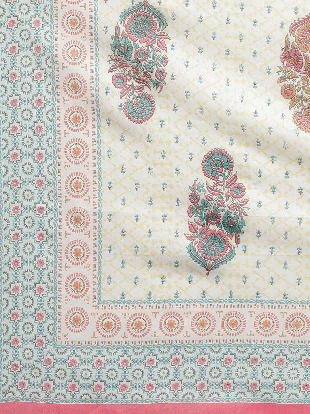 Women White Ornamental Printed Kurta Trouser Dupatta.
