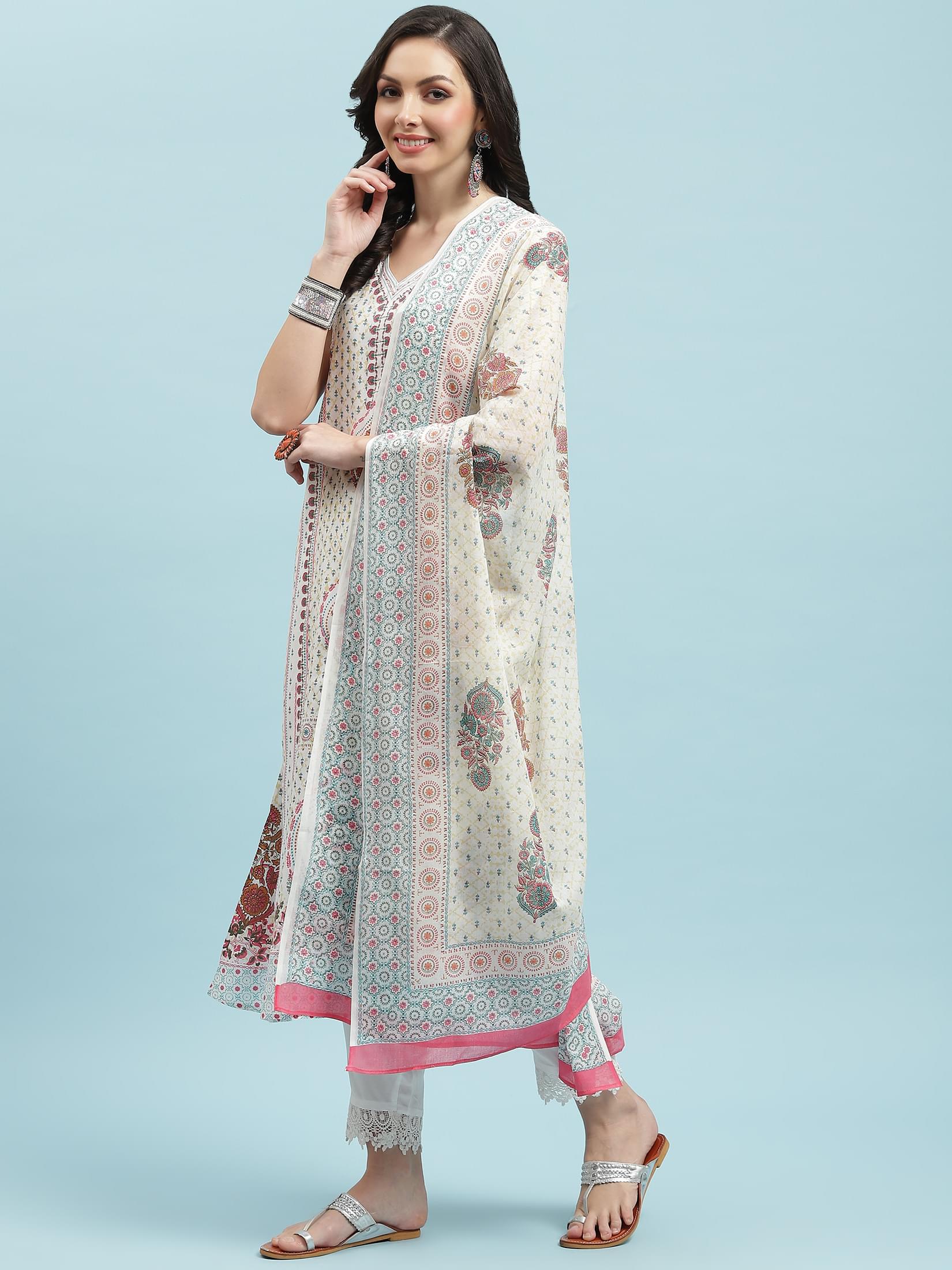 Women White Ornamental Printed Kurta Trouser Dupatta.