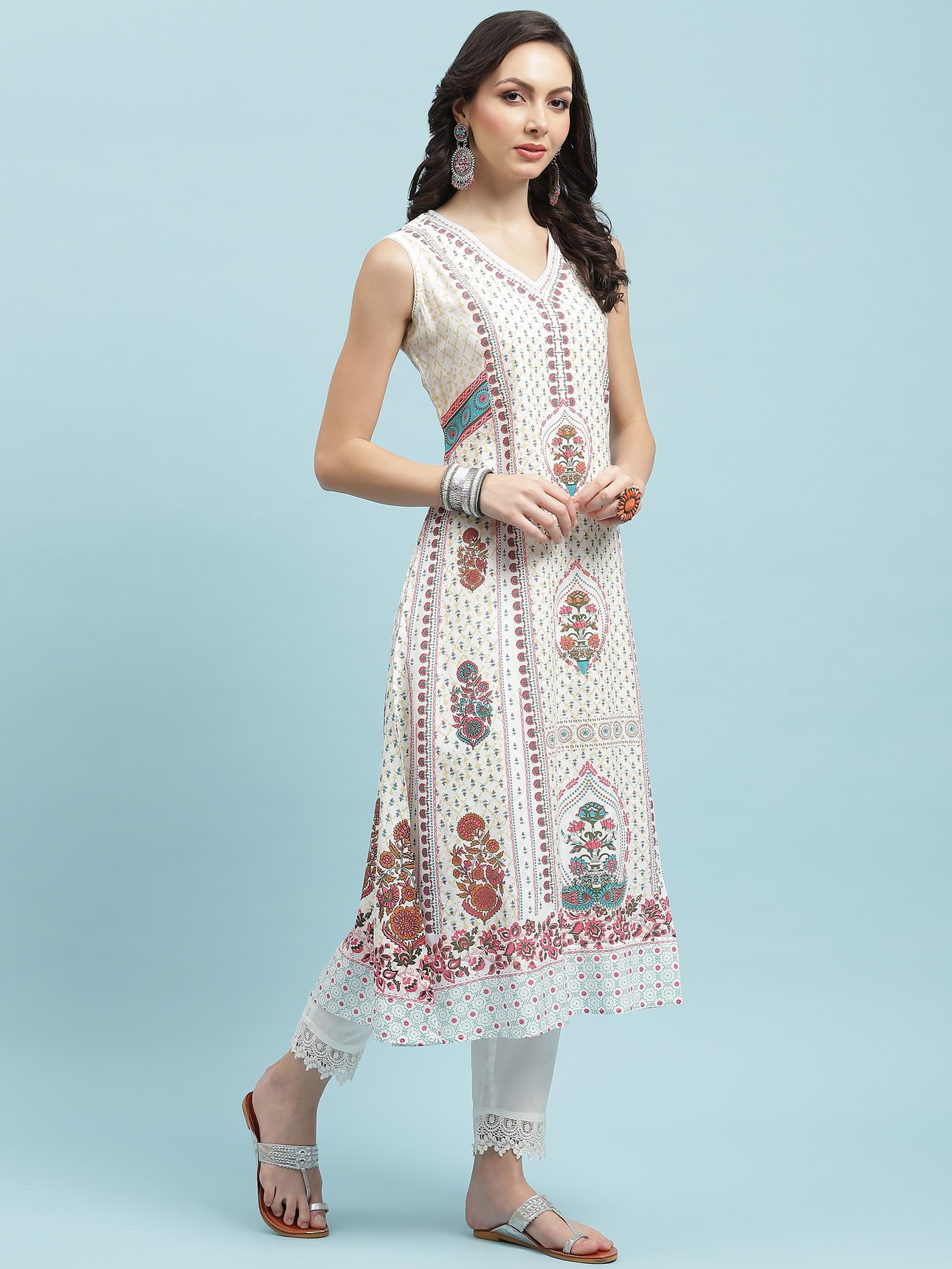 Women White Ornamental Printed Kurta Trouser Dupatta.