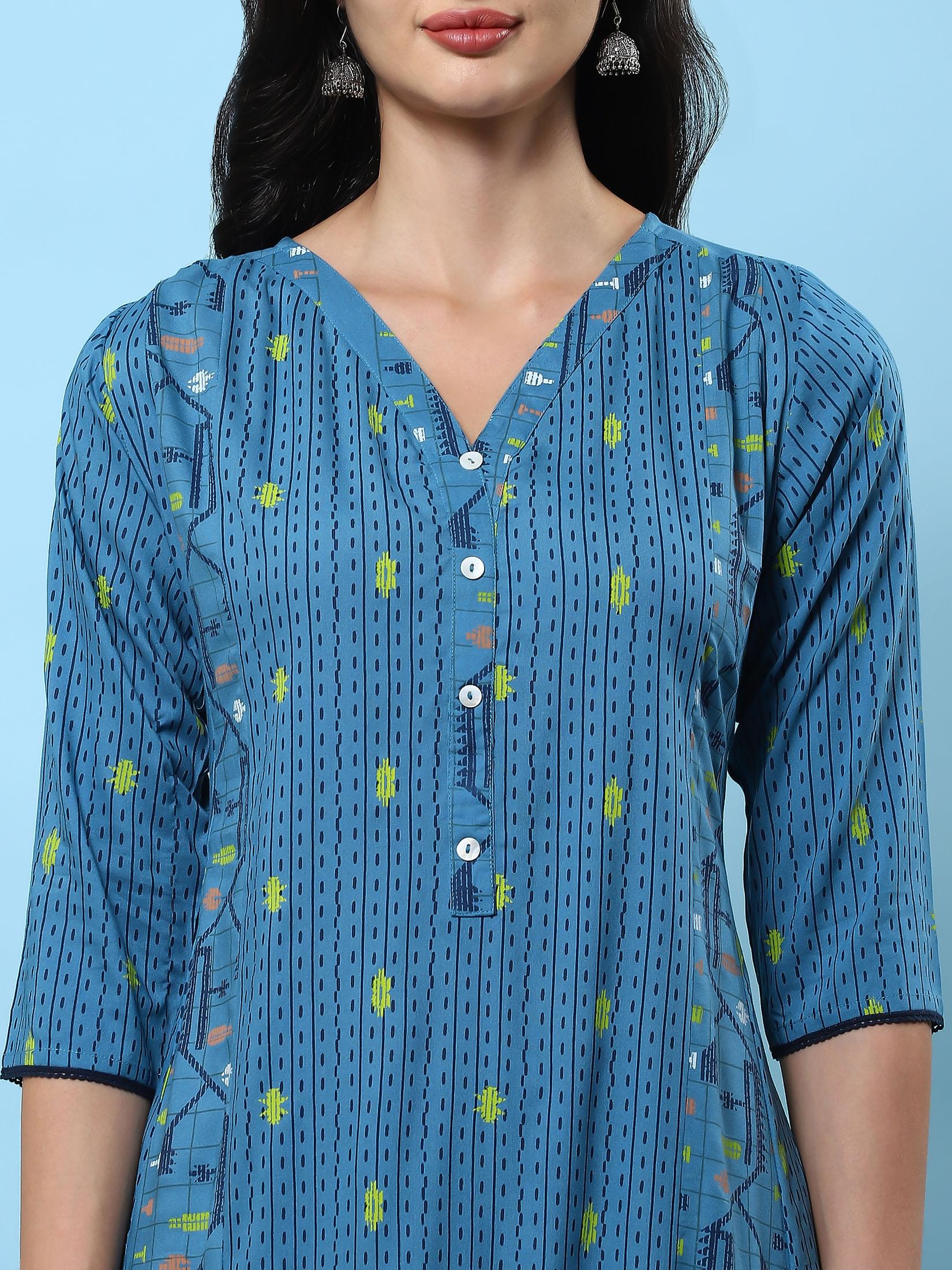Women Blue Aztec Printed Kurta With Trouser.