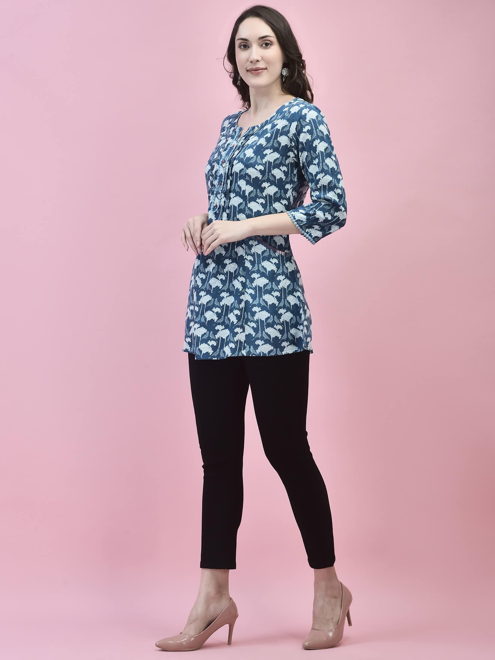 Women Liva Rayon Blue Floral Print Tunic.