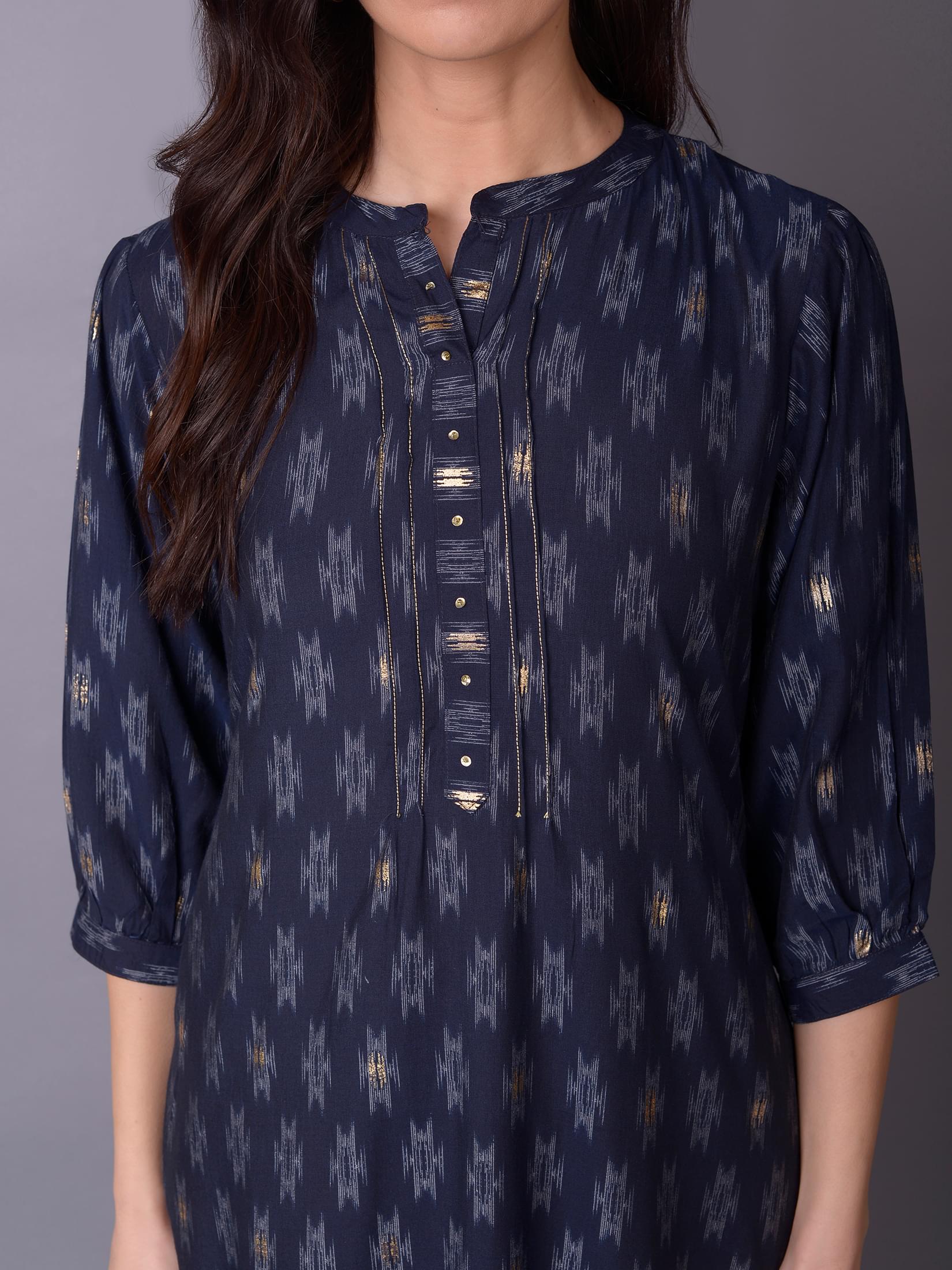 Women Navy Blue Aztec Kurta.