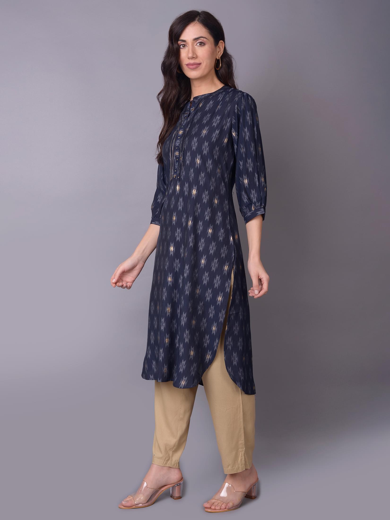 Women Navy Blue Aztec Kurta.