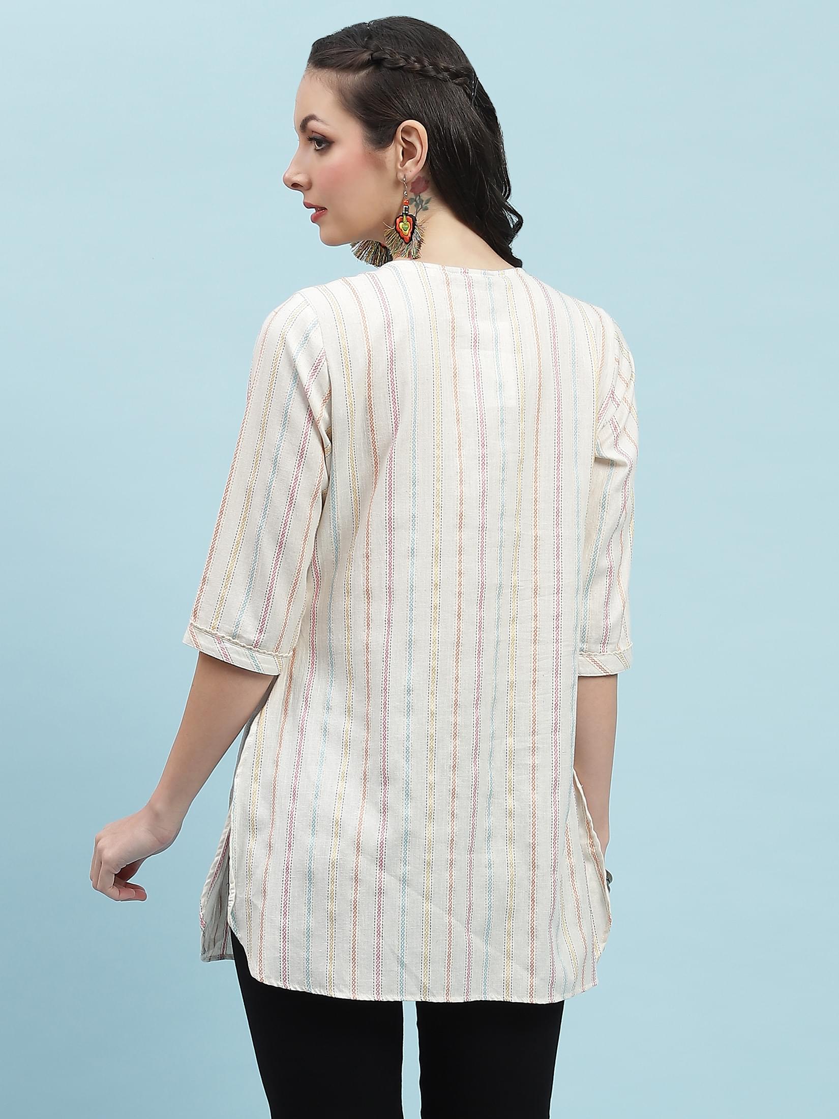 Women Off White Stripe Printed Tunic.