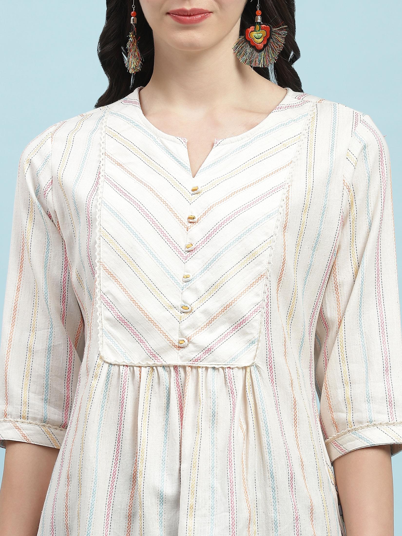 Women Off White Stripe Printed Tunic.