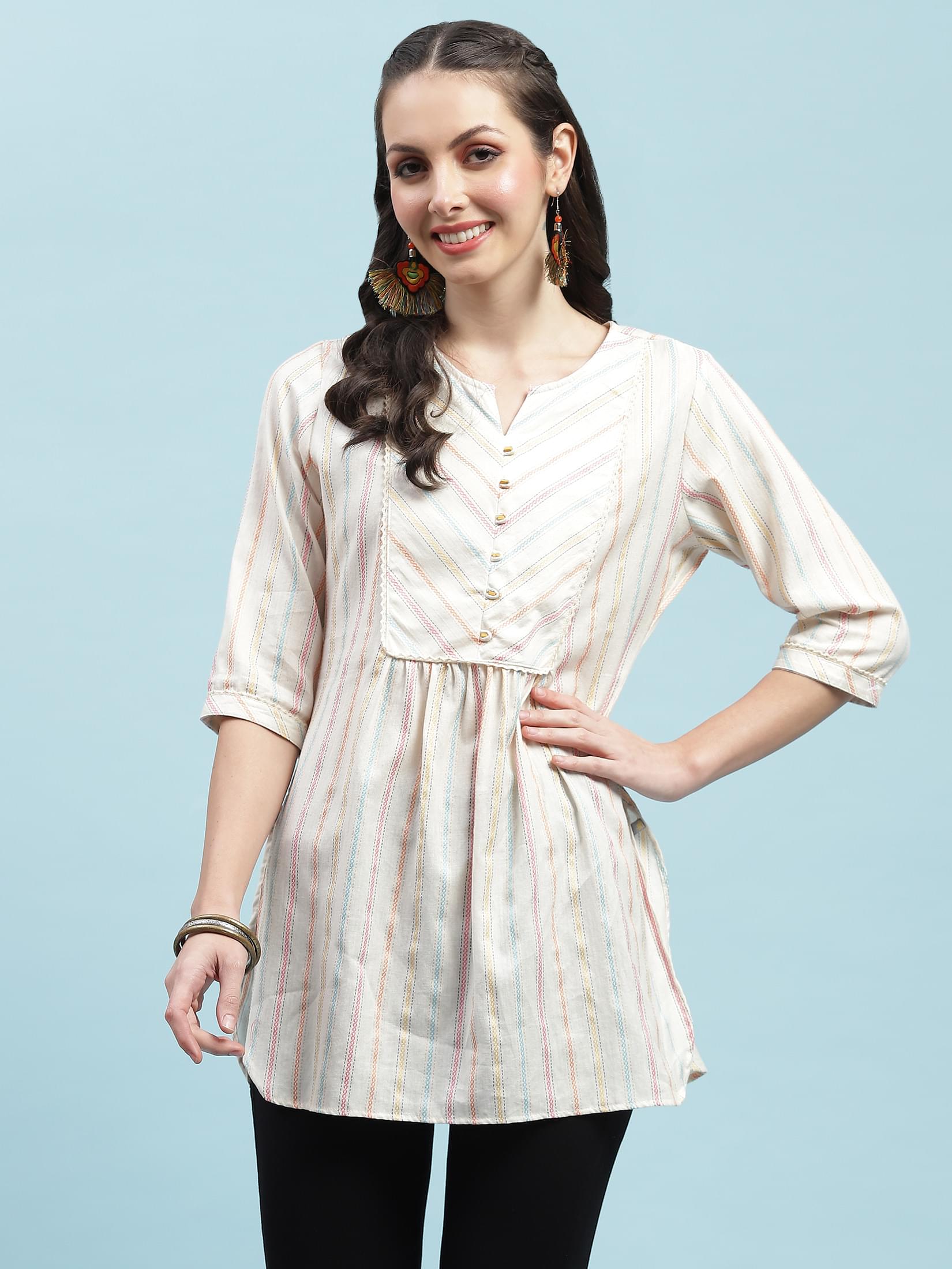 Women Off White Stripe Printed Tunic.