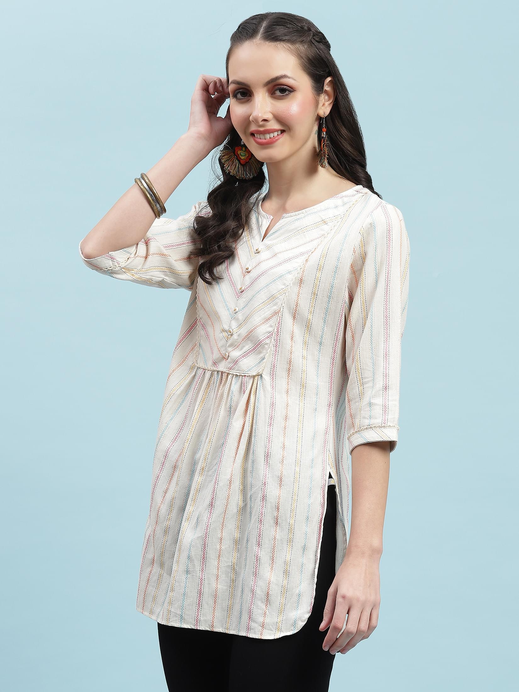 Women Off White Stripe Printed Tunic.