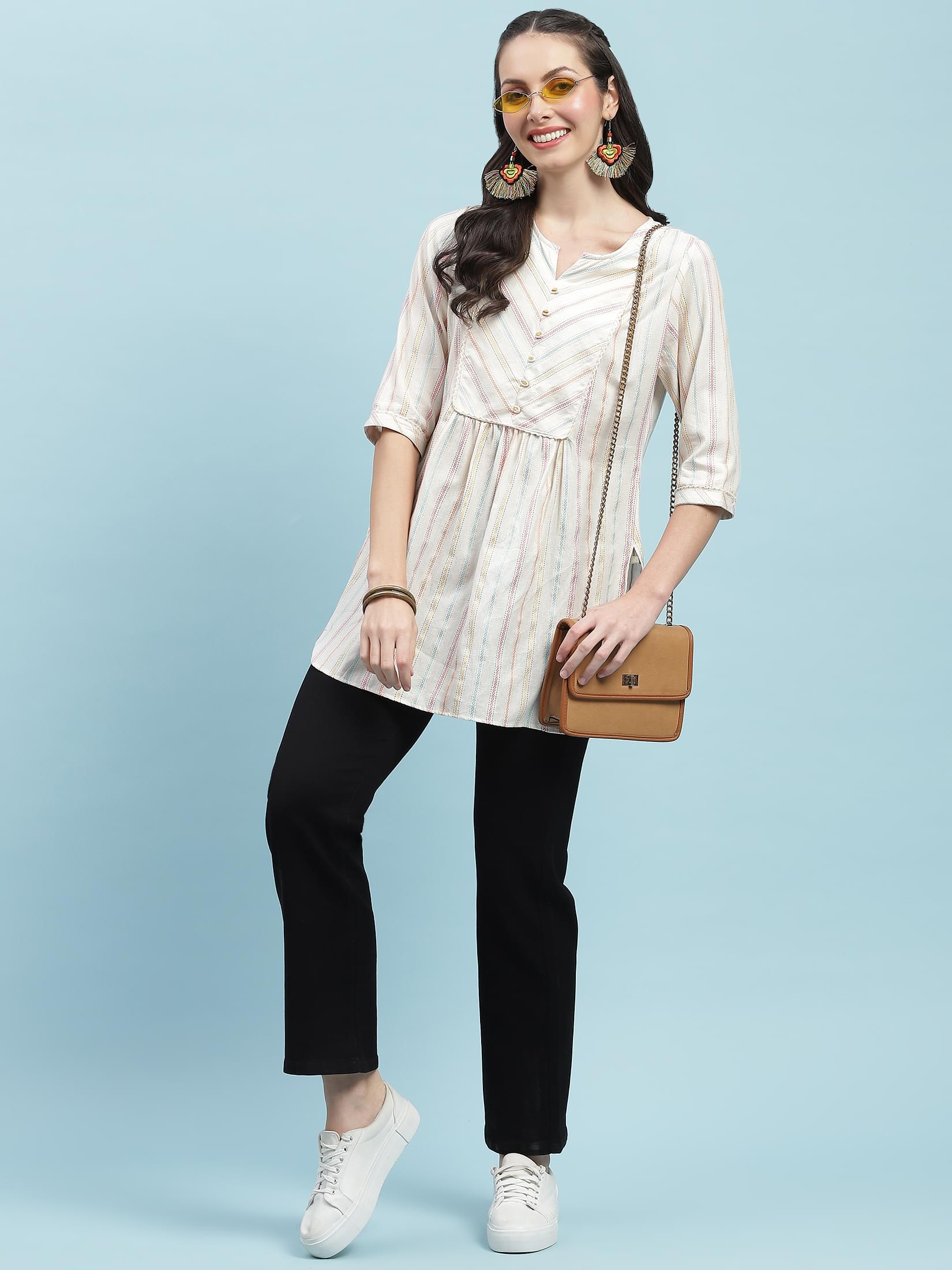 Women Off White Stripe Printed Tunic.