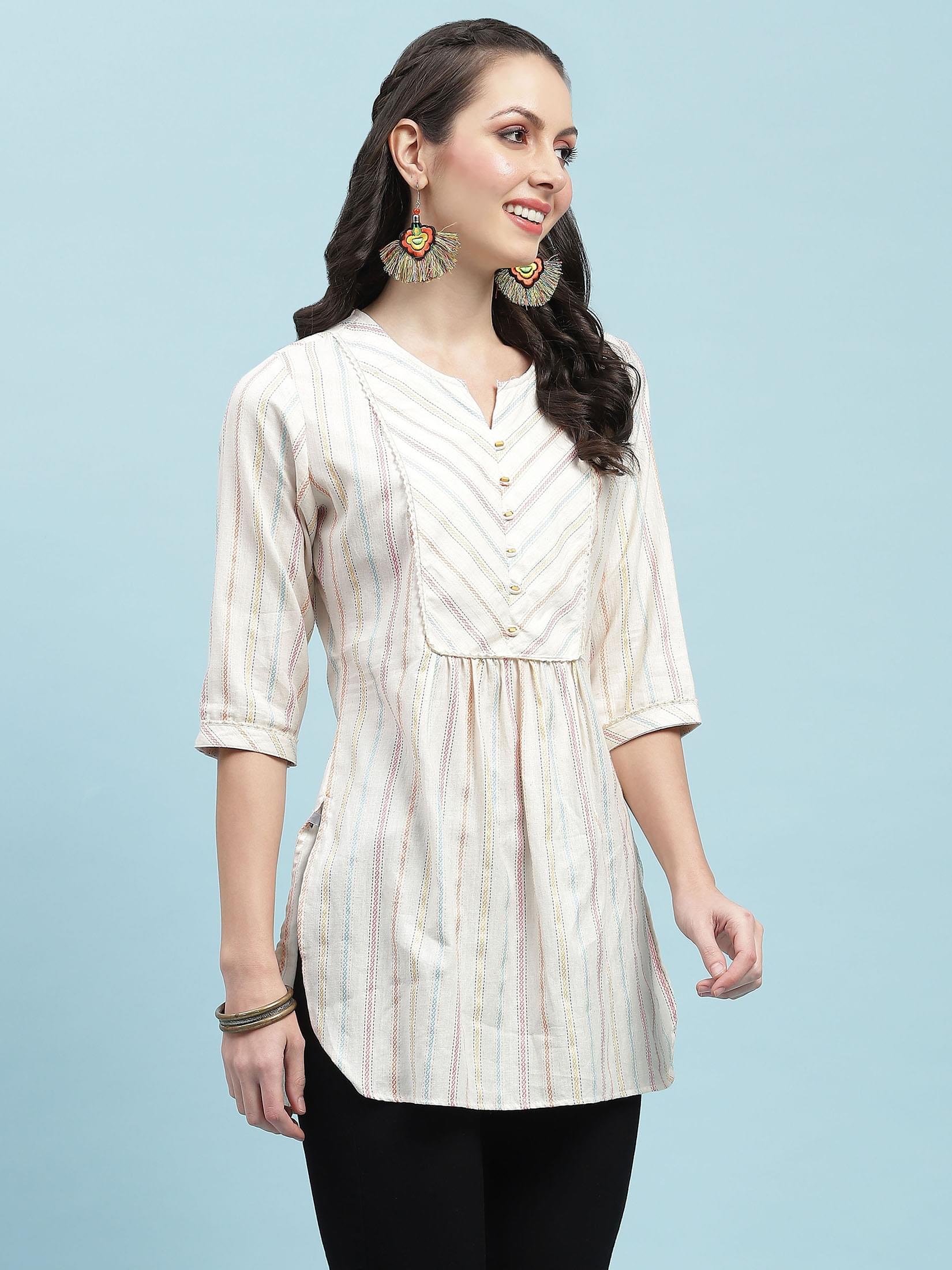 Women Off White Stripe Printed Tunic.