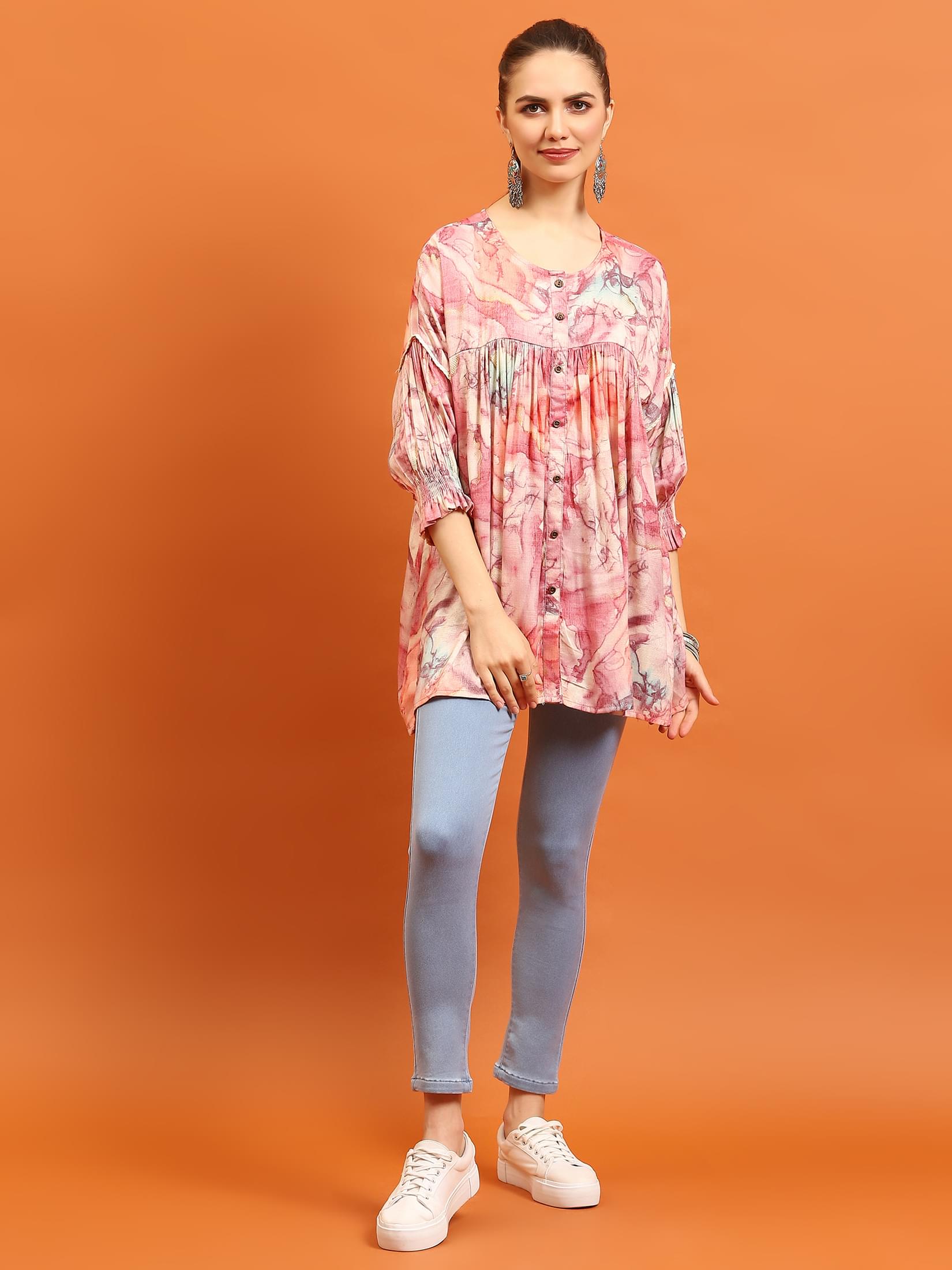 Women Pink Abstract Printed Tunic.