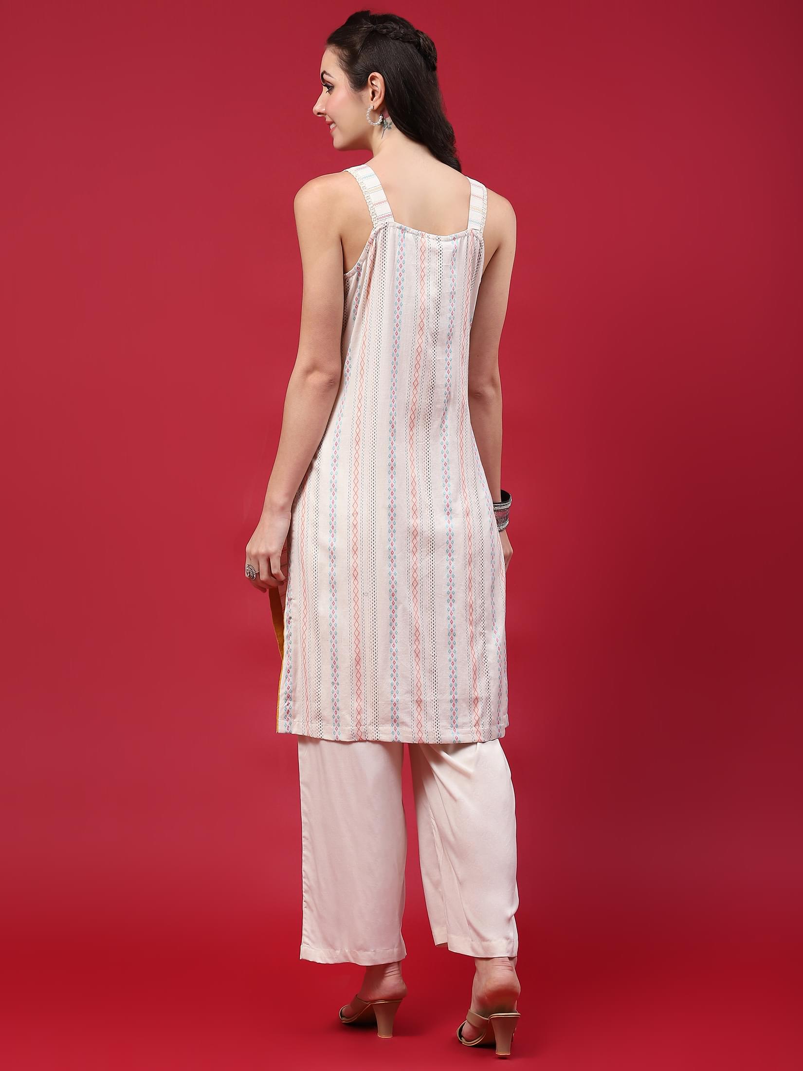 Women Off White Stripe Printed Kurta With Comfort Pant.