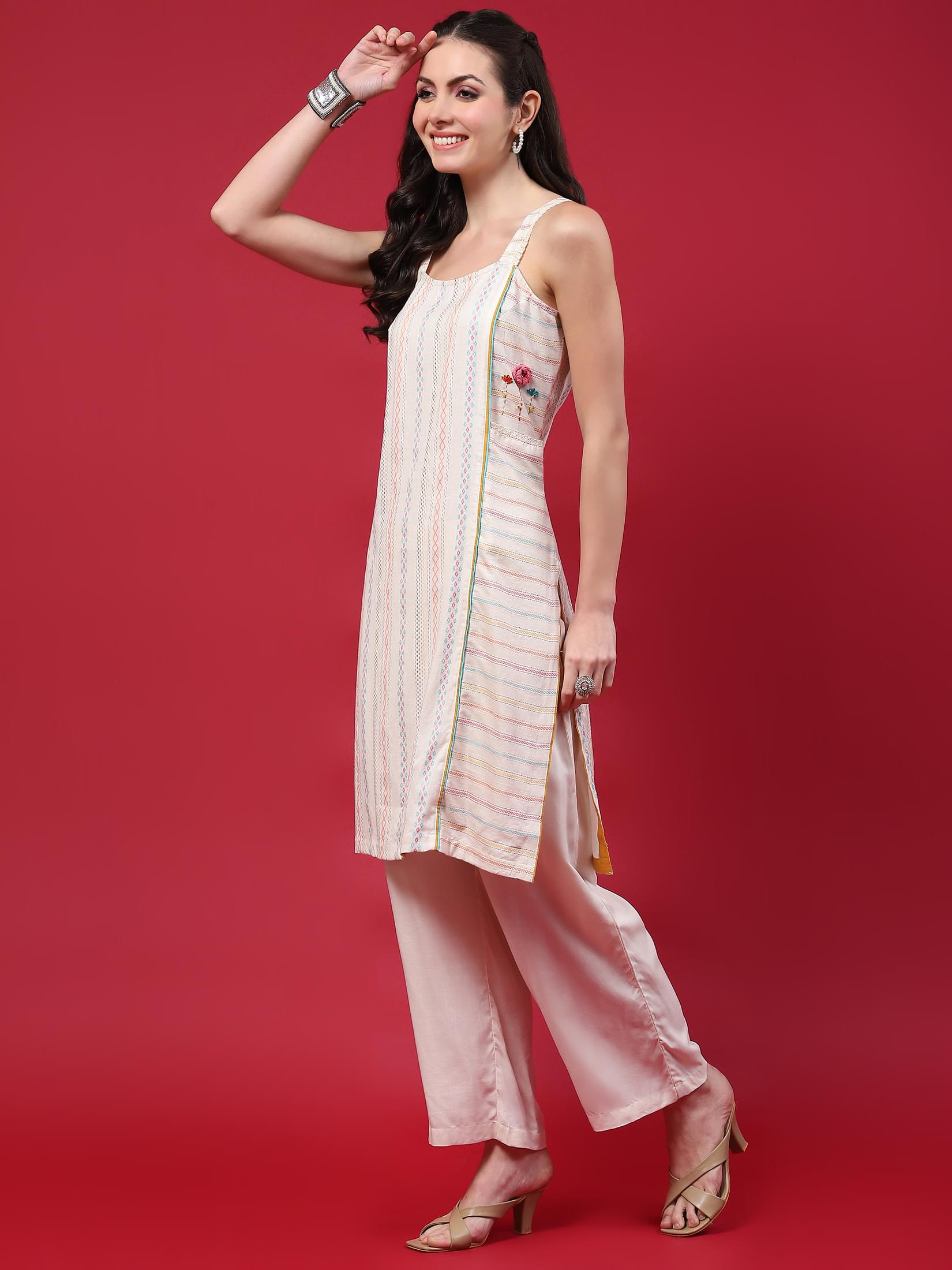 Women Off White Stripe Printed Kurta With Comfort Pant.