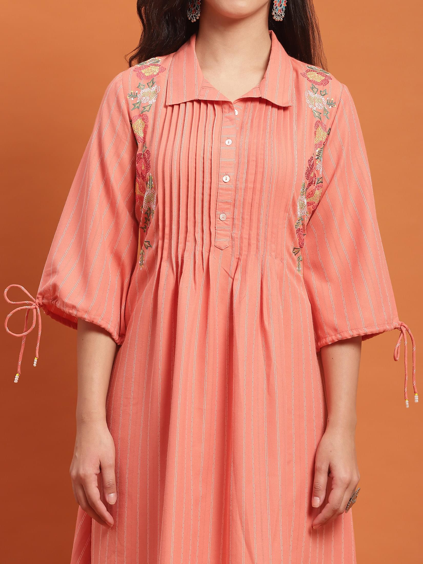Women Peach Embroidered Dress.