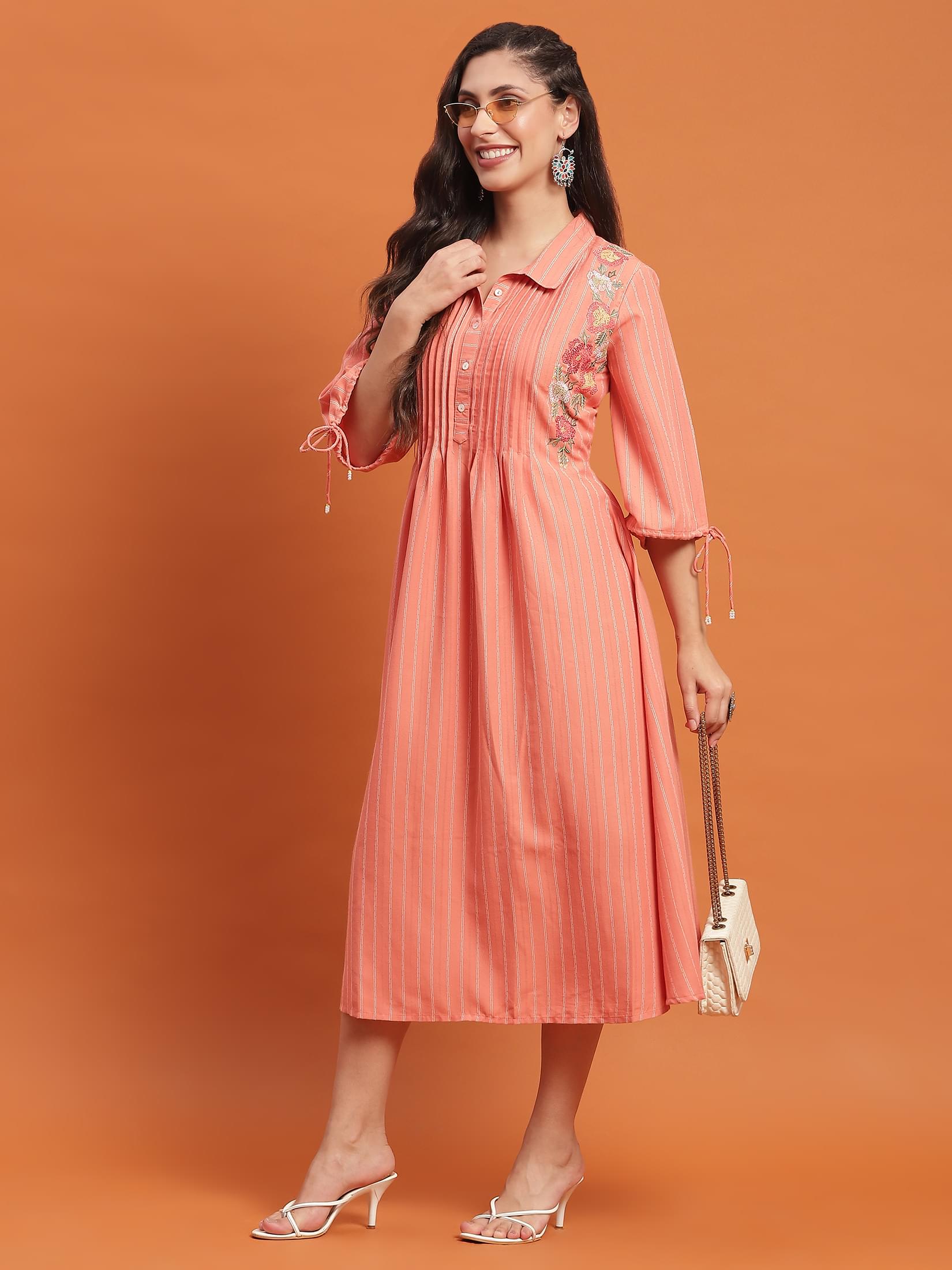Women Peach Embroidered Dress.