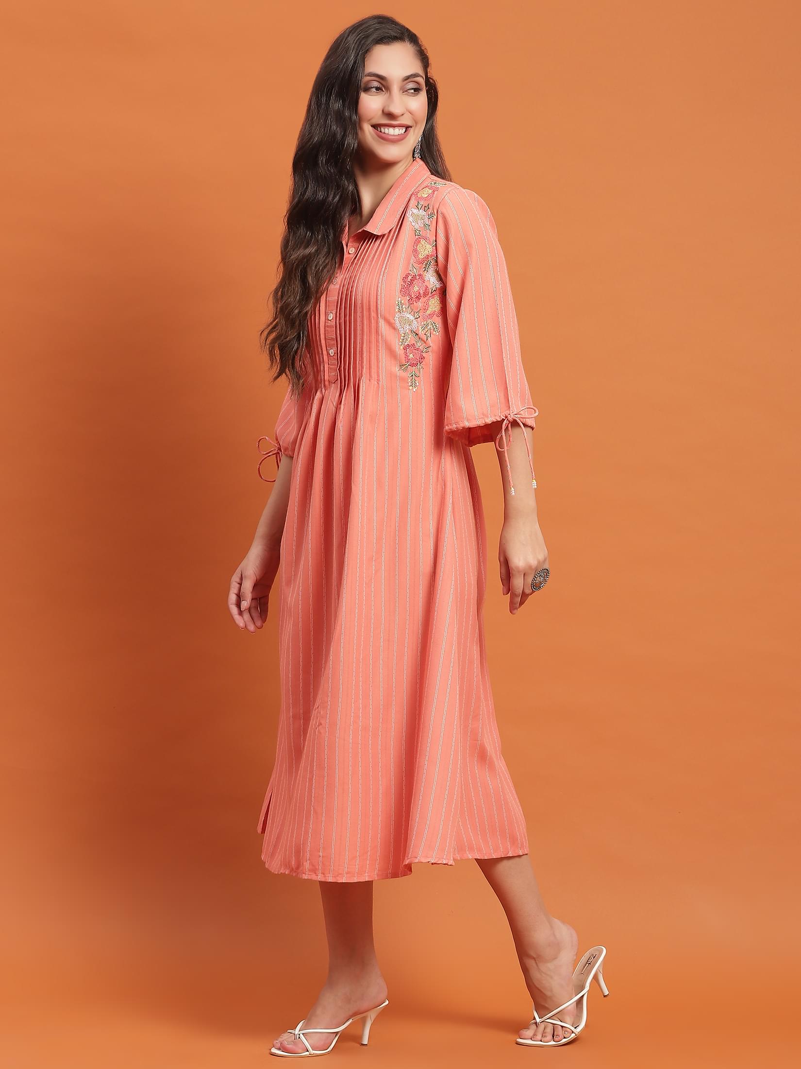 Women Peach Embroidered Dress.