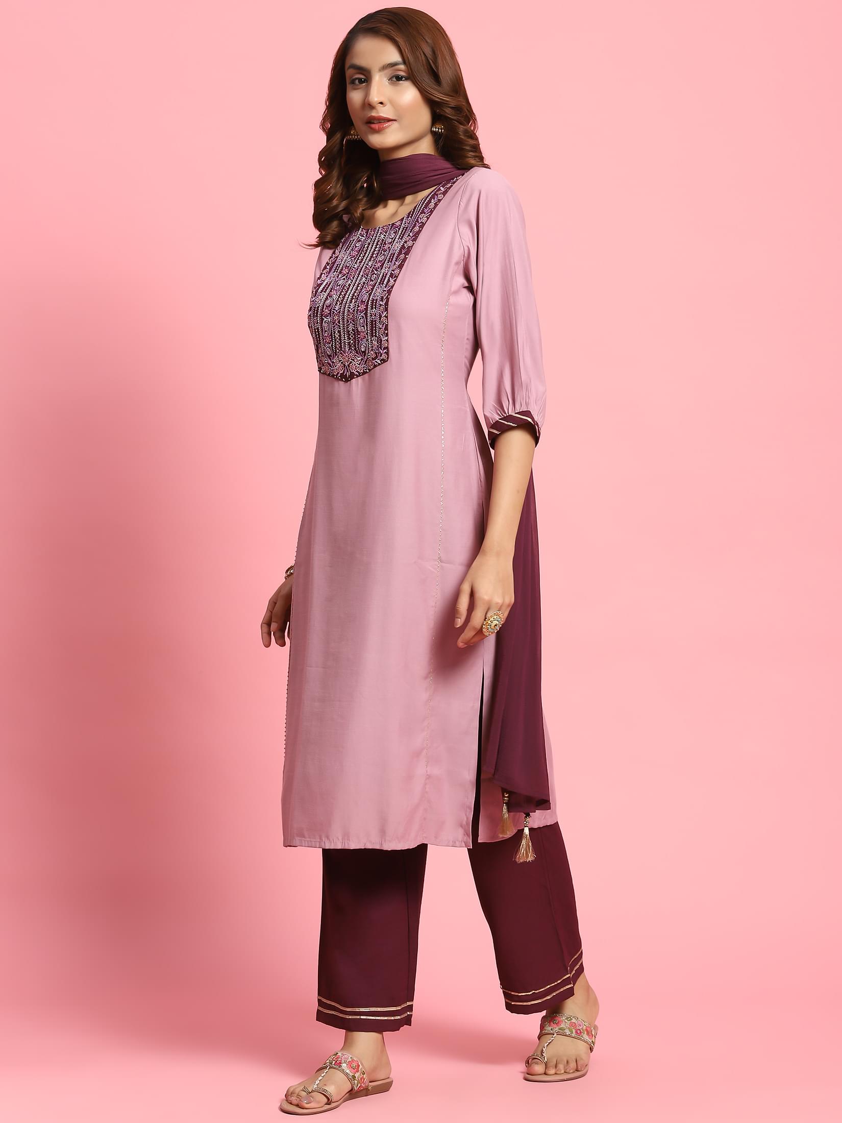 Women Lilac Embroidered Kurta Wide Pant Dupatta.