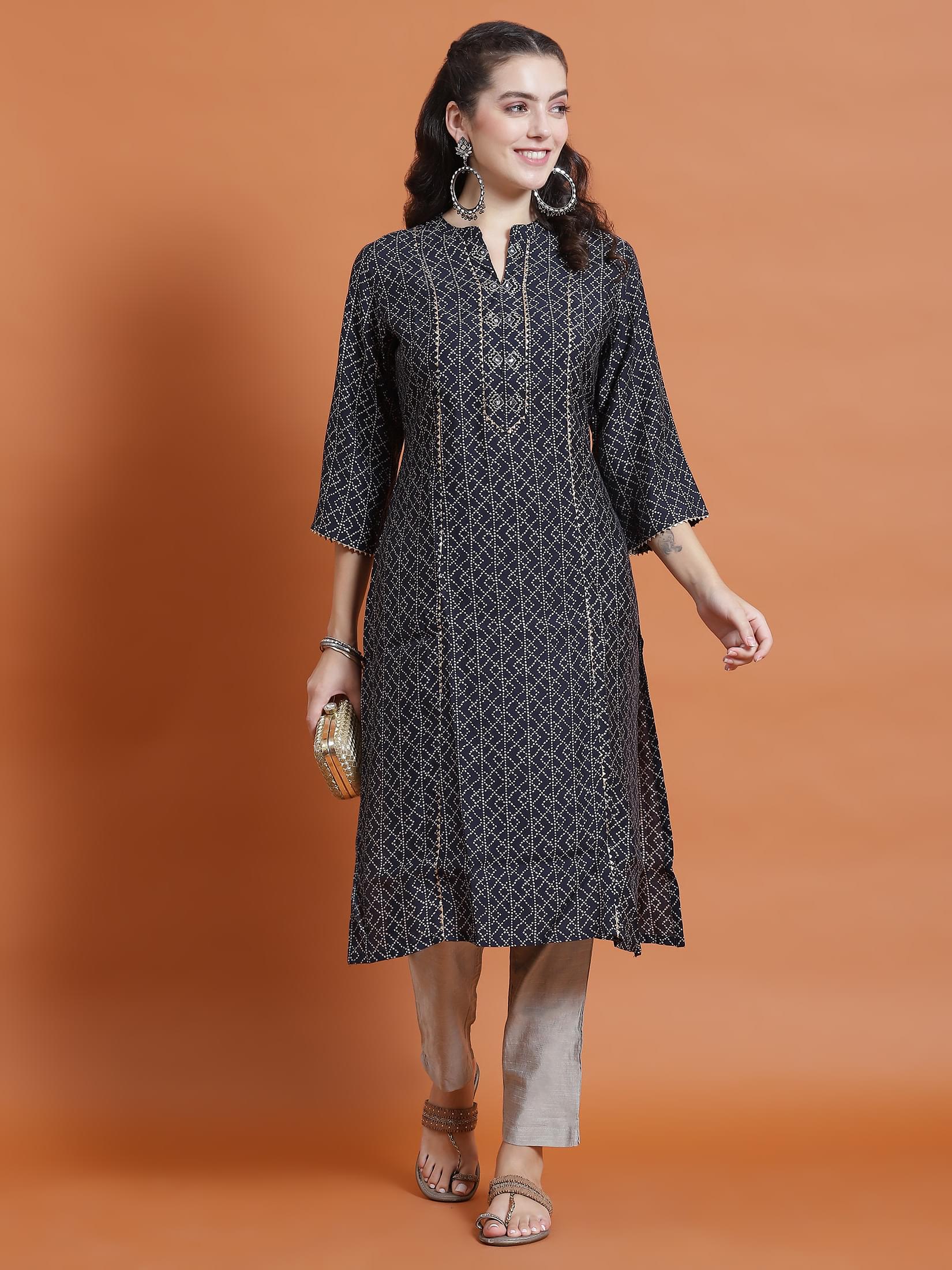 Women Navy Blue Geometric Print Kurta With Trouser.