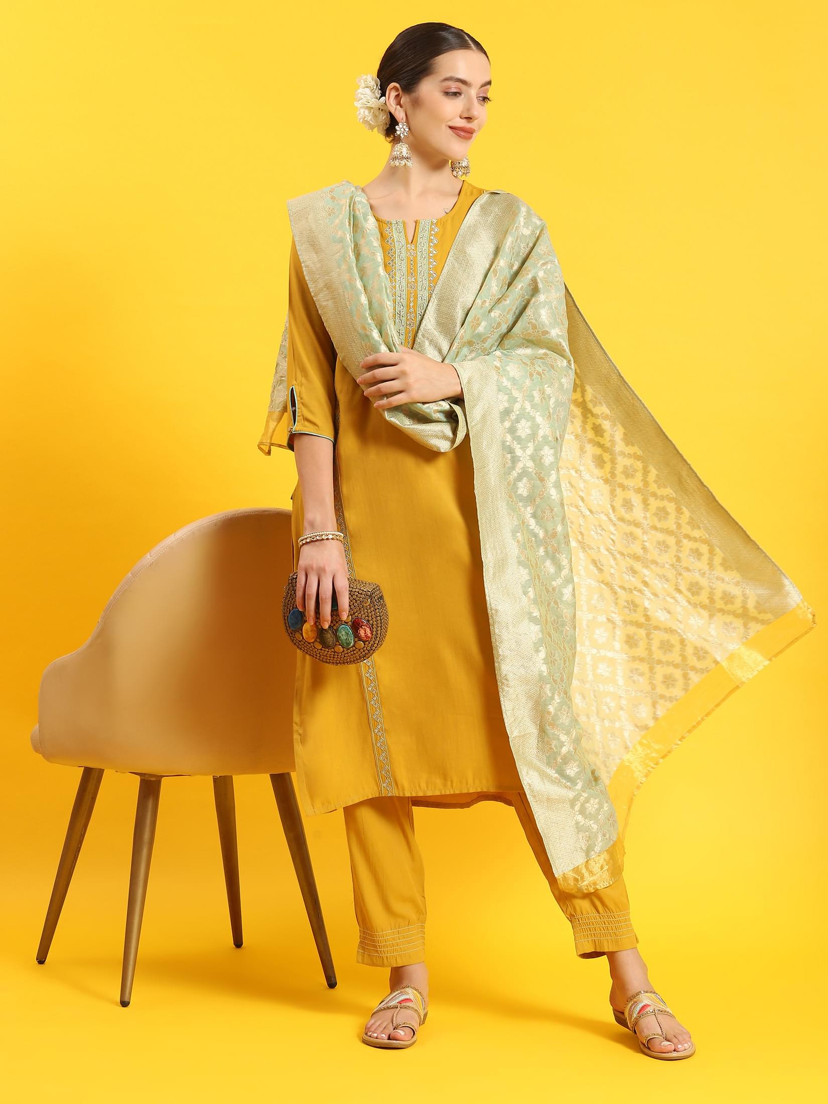 Women Mustard Embroidered Kurta Trouser Dupatta.