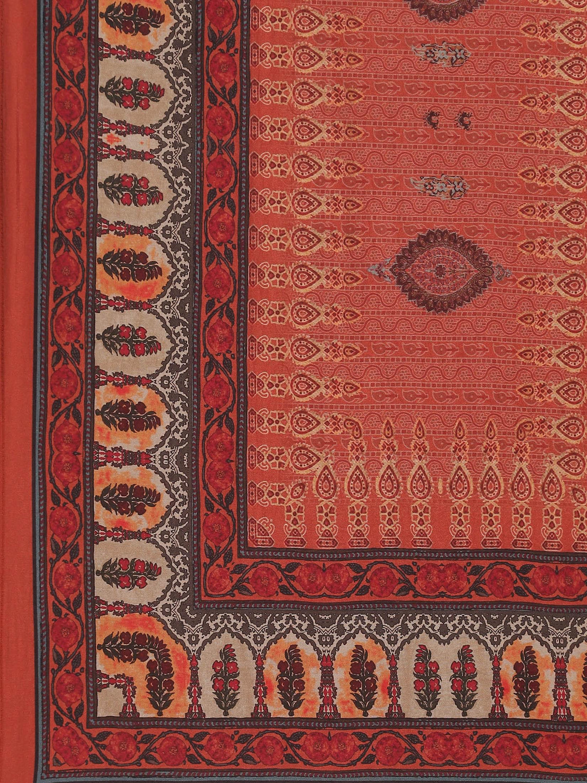 Women Rust Ornamental Print Kurta Trouser Dupatta.