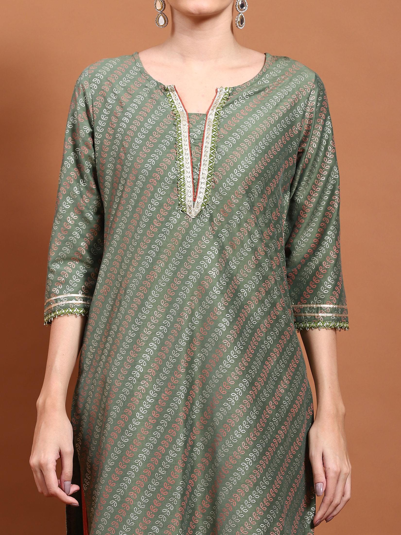 Women Green Printed Kurta Sharara Dupatta.