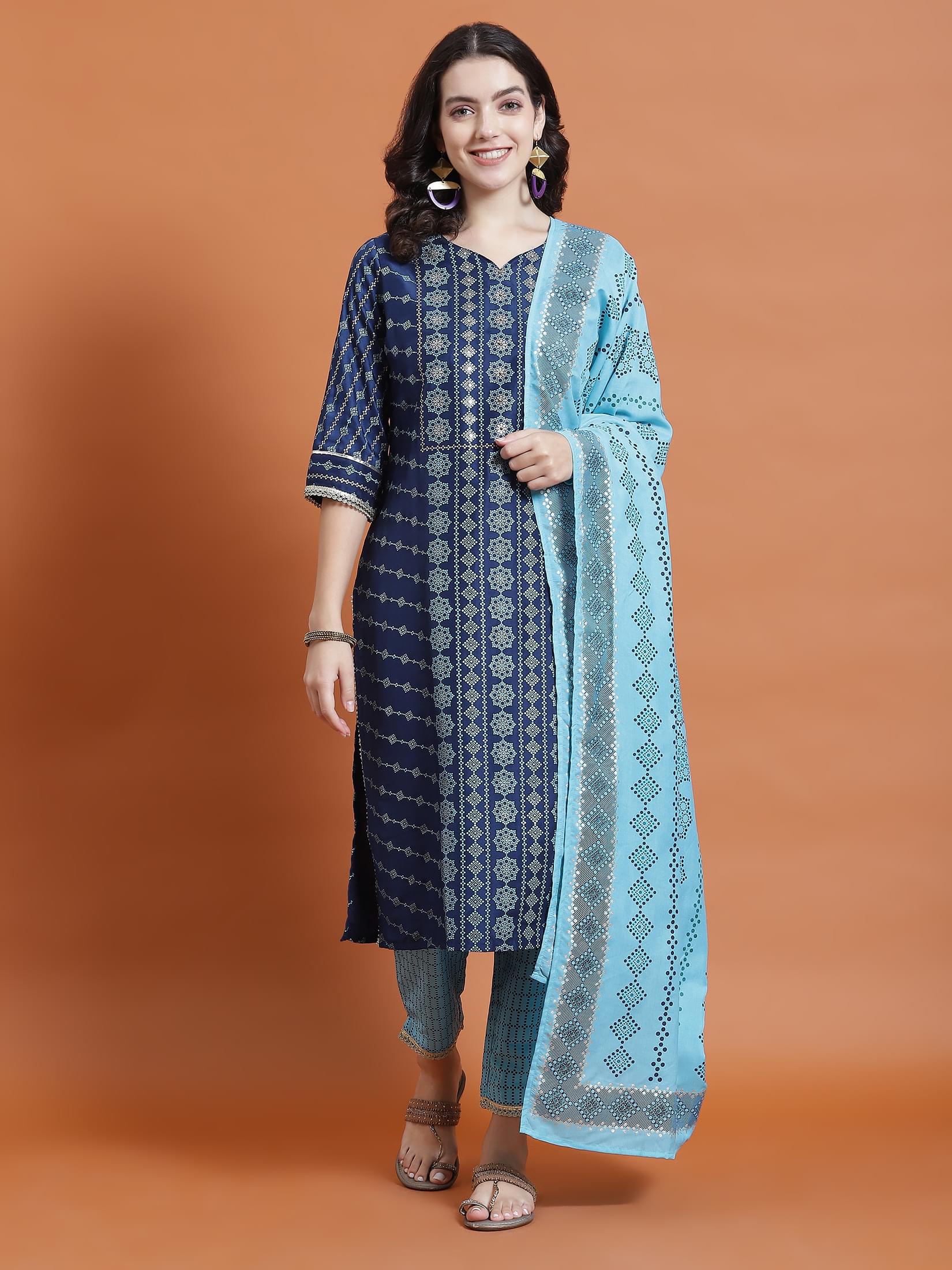 Women Navy Blue Geometric Print Kurta Trouser Dupatta.