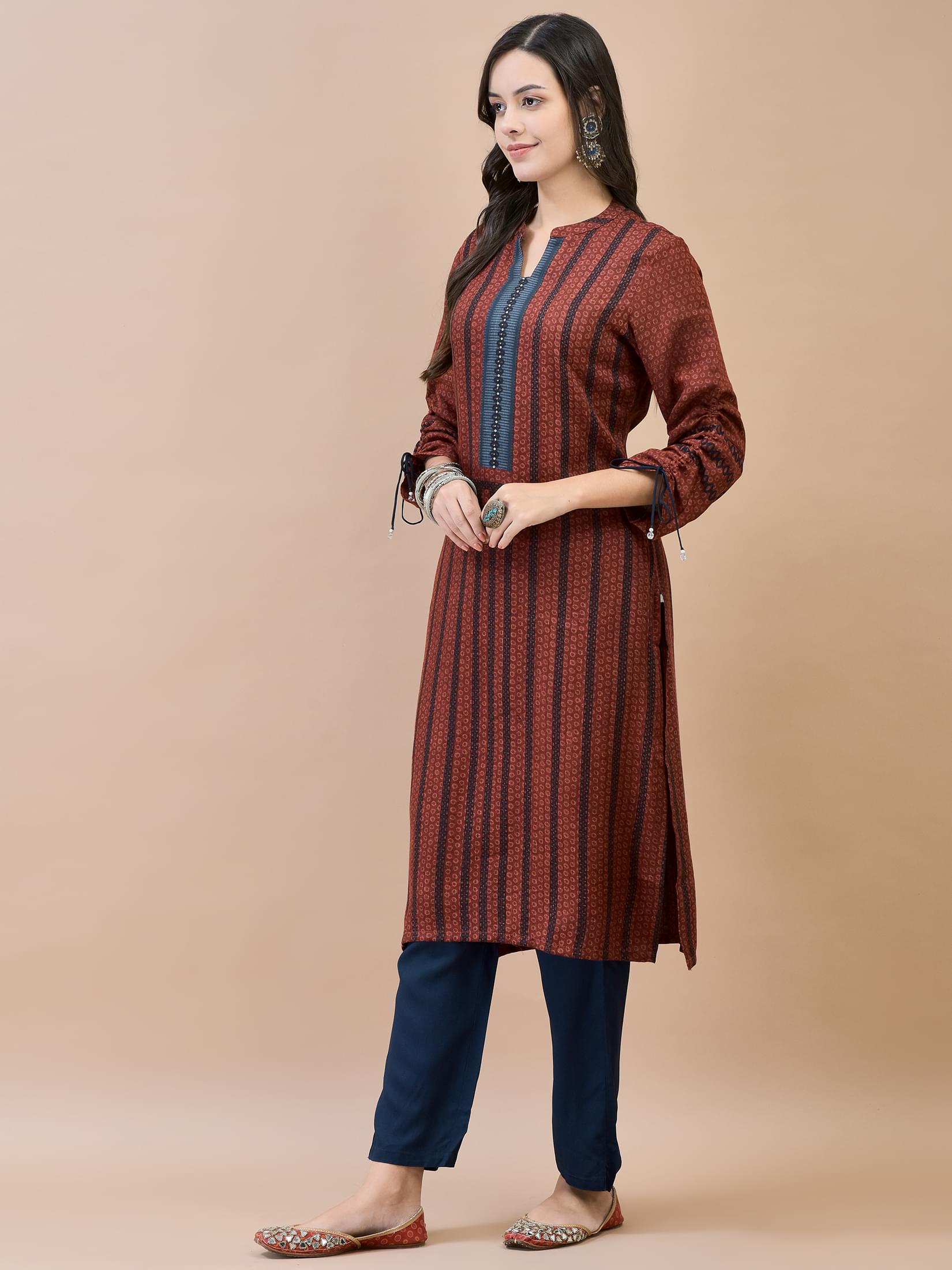 Women Liva Rayon Maroon Printed Kurta.