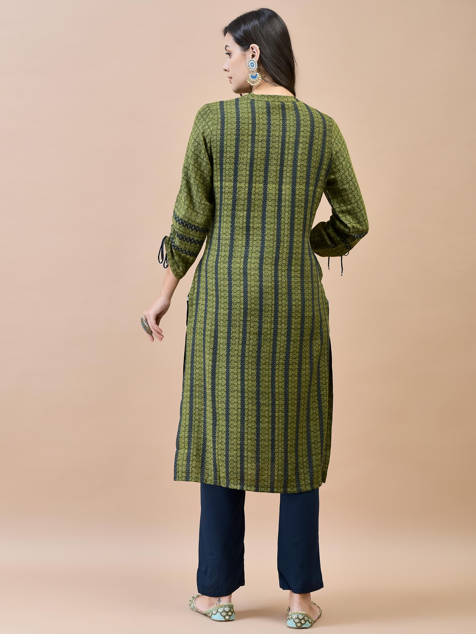 Women Liva Rayon Olive Printed Kurta.