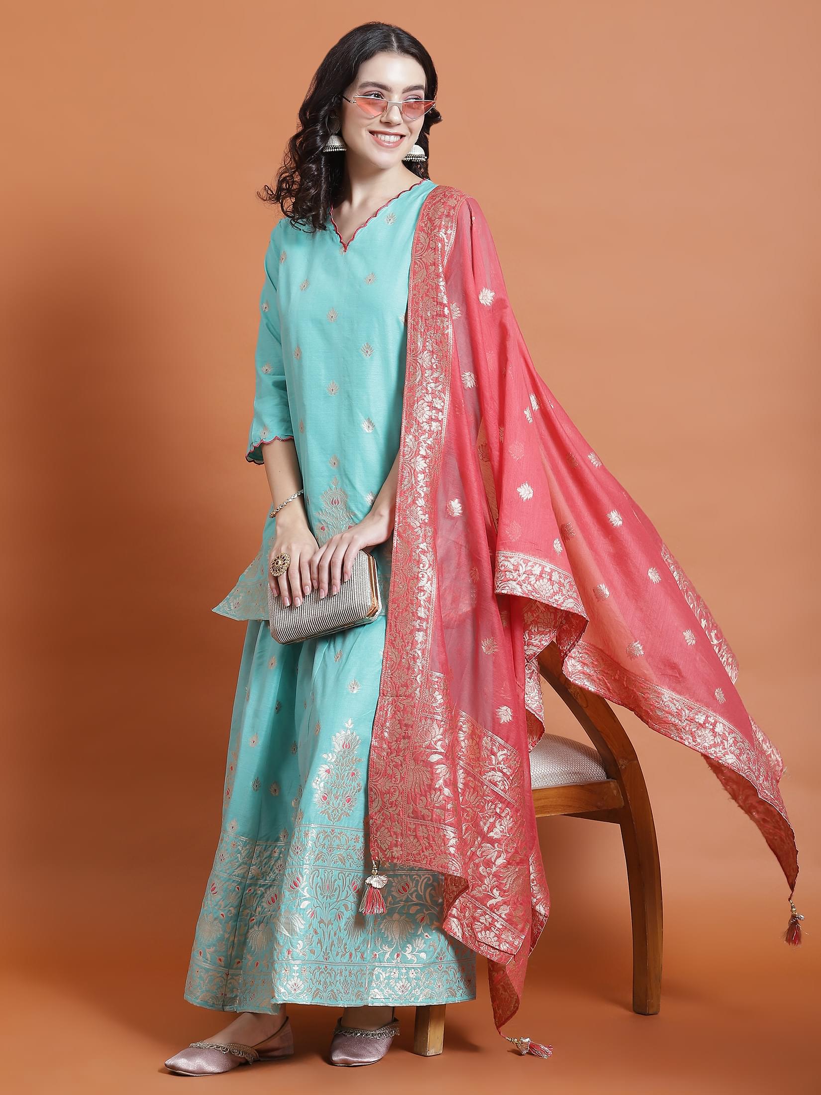 Women Turquoise Blue Printed Kurti Skirt Dupatta.