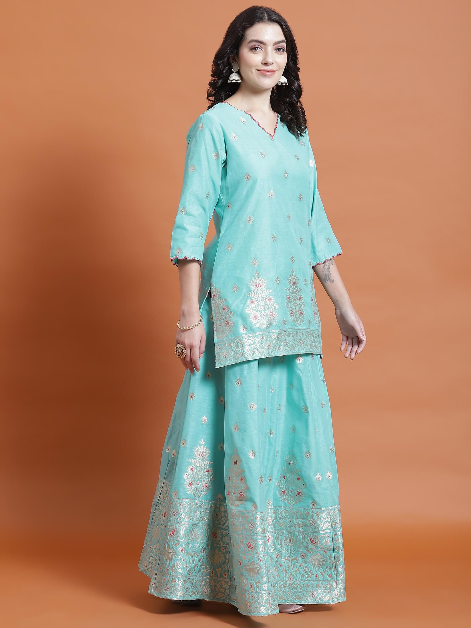 Women Turquoise Blue Printed Kurti Skirt Dupatta.